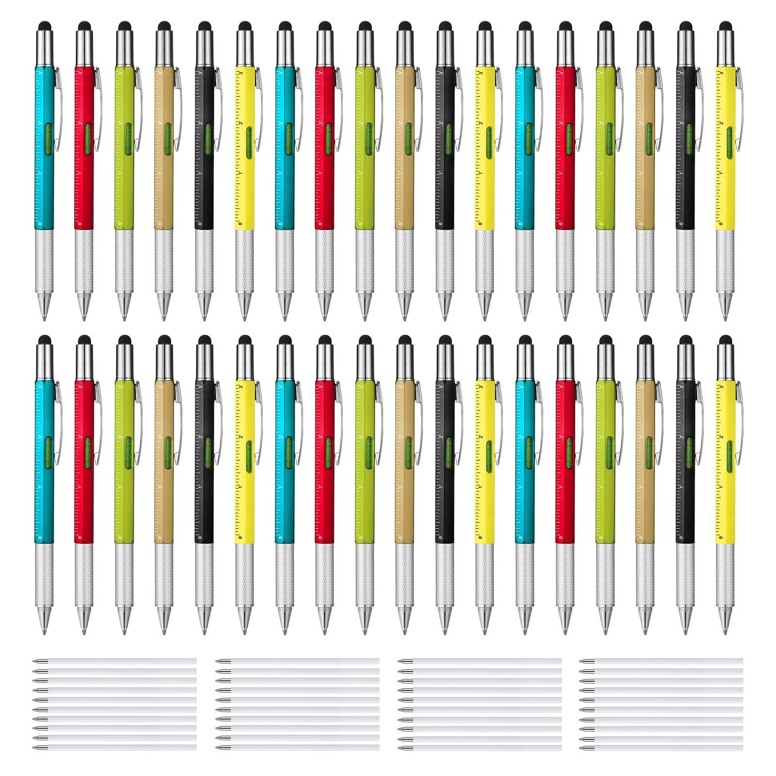 36 Pcs 6-in-1 Multitool Pen Set – Ruler, Level, Screwdrivers, Stylus & Refills