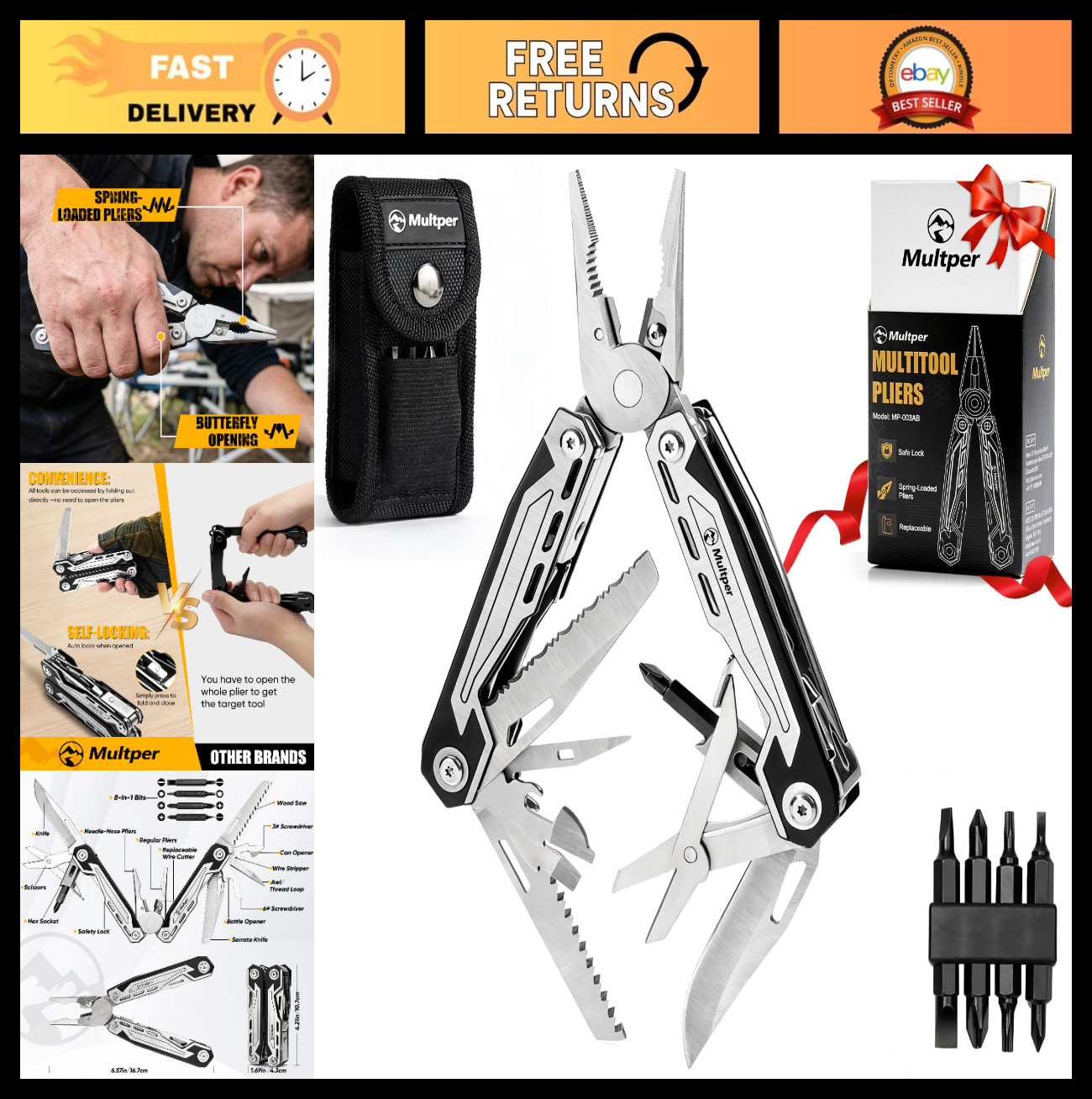 21-in-1 Stainless Steel Multitool Pliers with Knife, Screwdriver, Camping Gear,