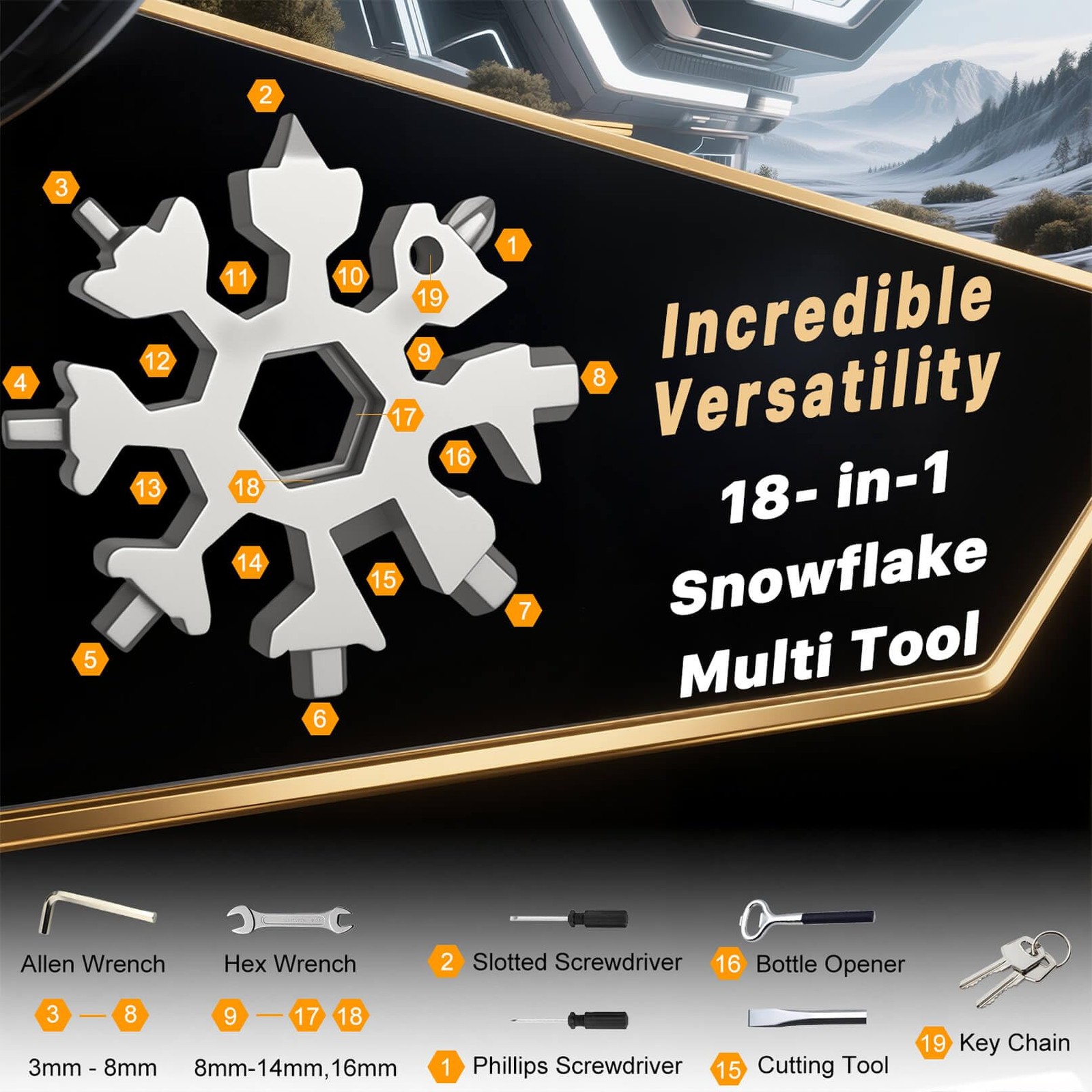 18-in-1 Snowflake Multi Tool with Keyring and Carabiner, Stainless Steel Pock…