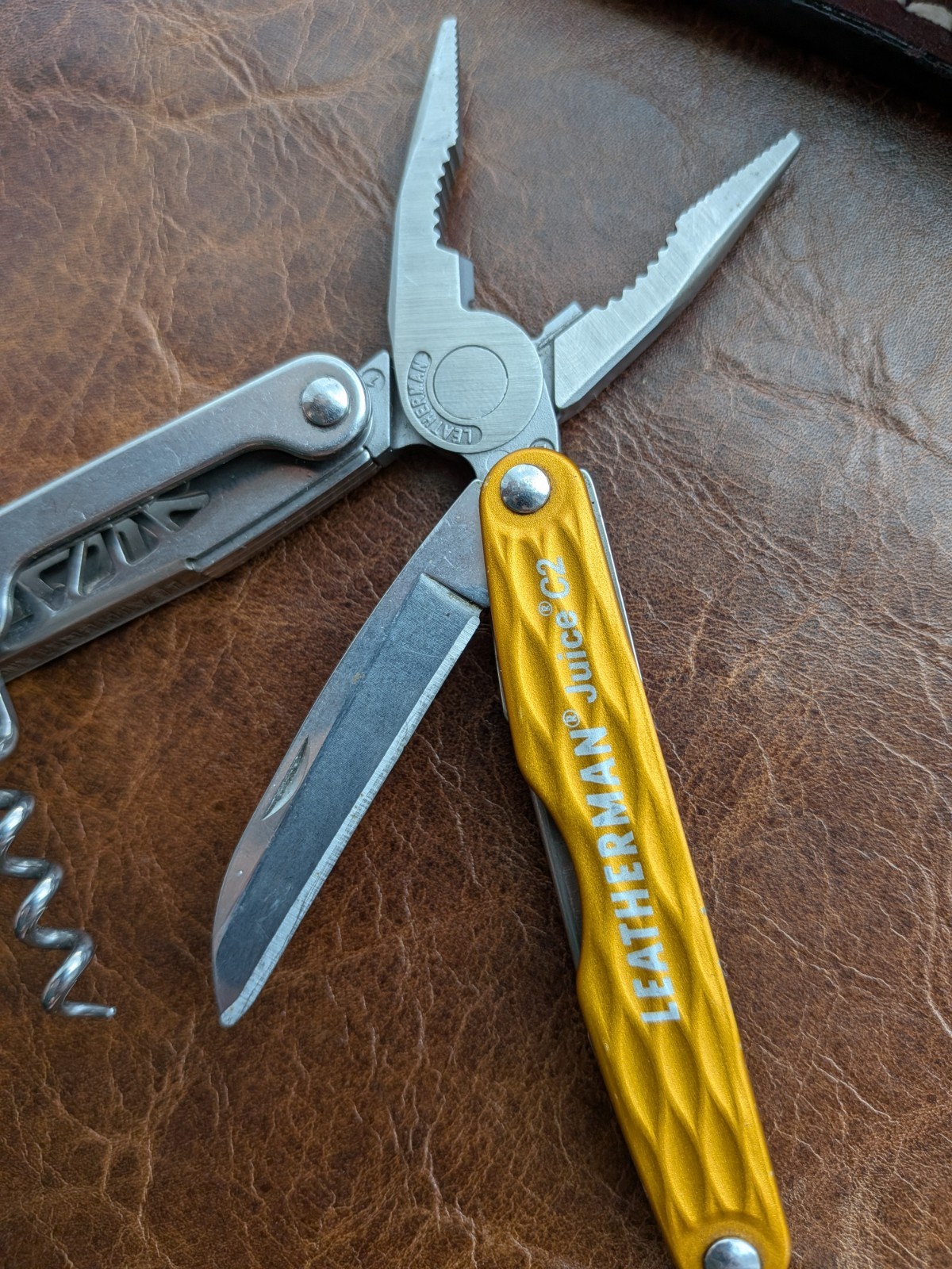 Retired Leatherman Juice C2 Multi-Tool Yellow Shell Laser Etched w/ Leather Case