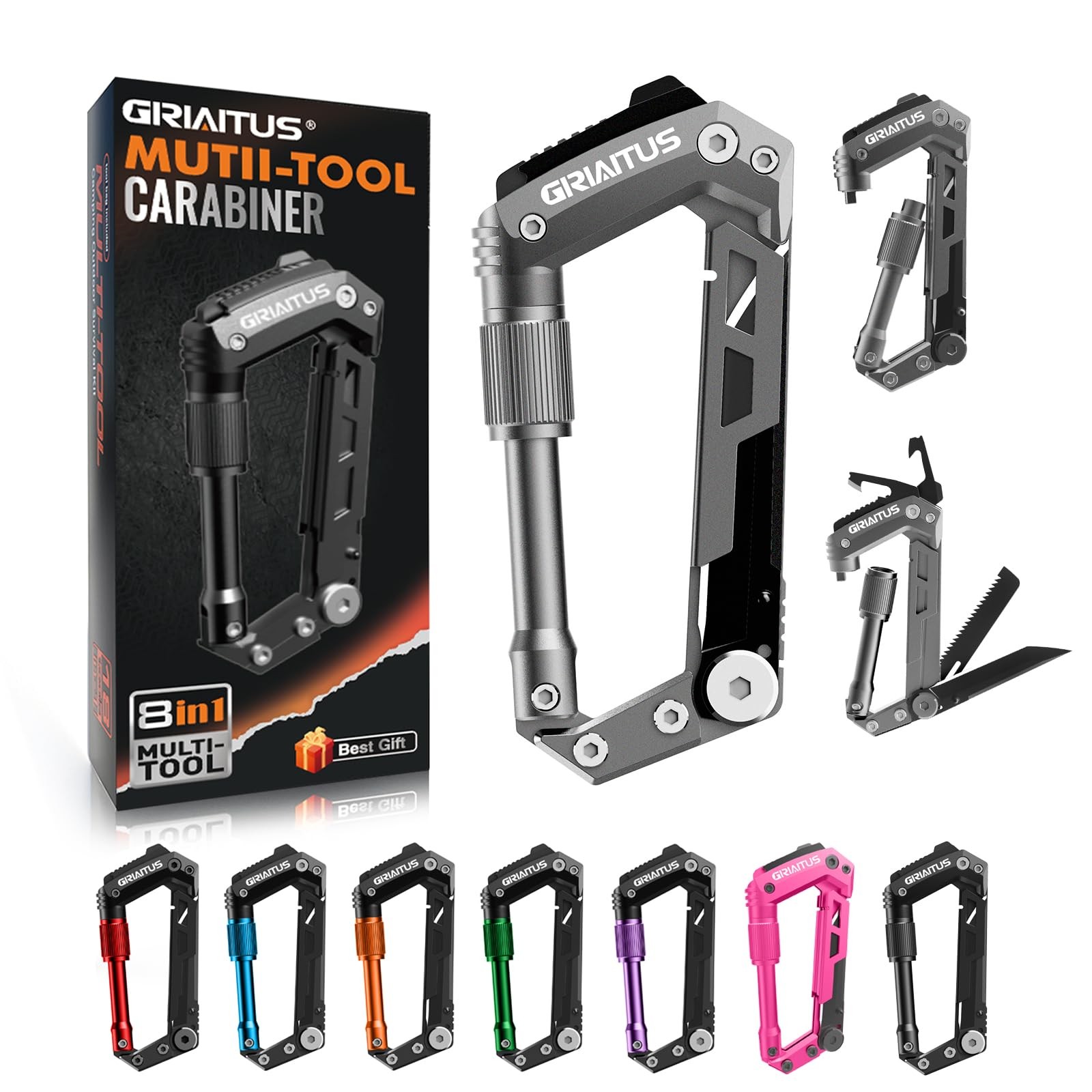 Carabiner Multitool with Pocket , 8-in-1 EDC Carabiners, Serrated , Rope Cutt…