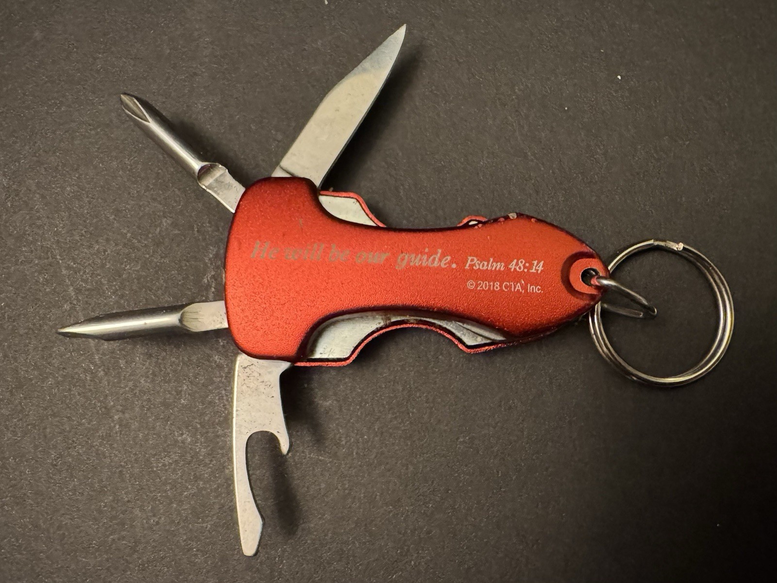 Biblical Red Multi-Tool Keychain with Light, Knife, Bottle Opener, Screwdrivers