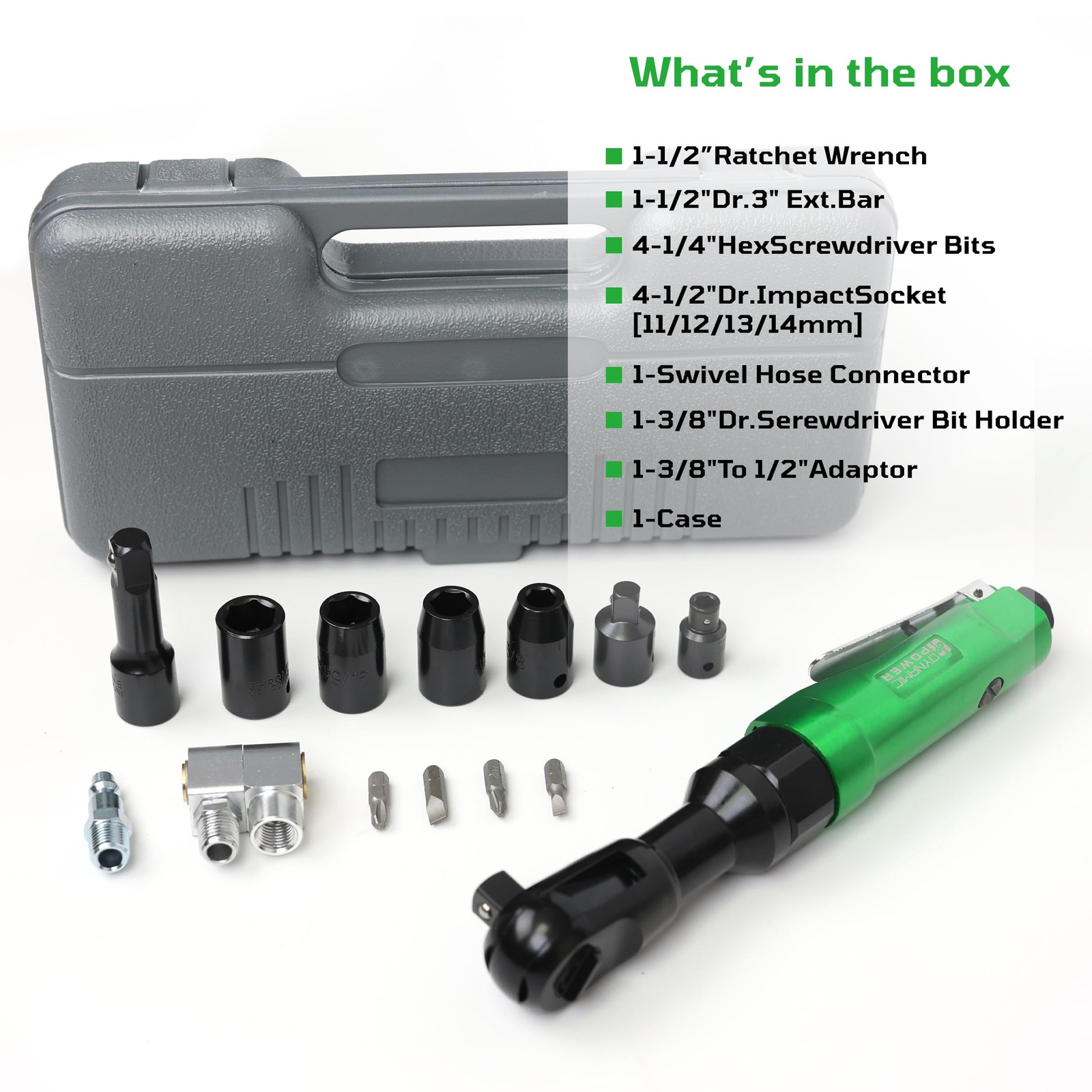 DYNAMIC POWER Professional 1/2″ AIR RACHET WRENCH KIT + 4 pcs 1/2″ Dr., Impac…