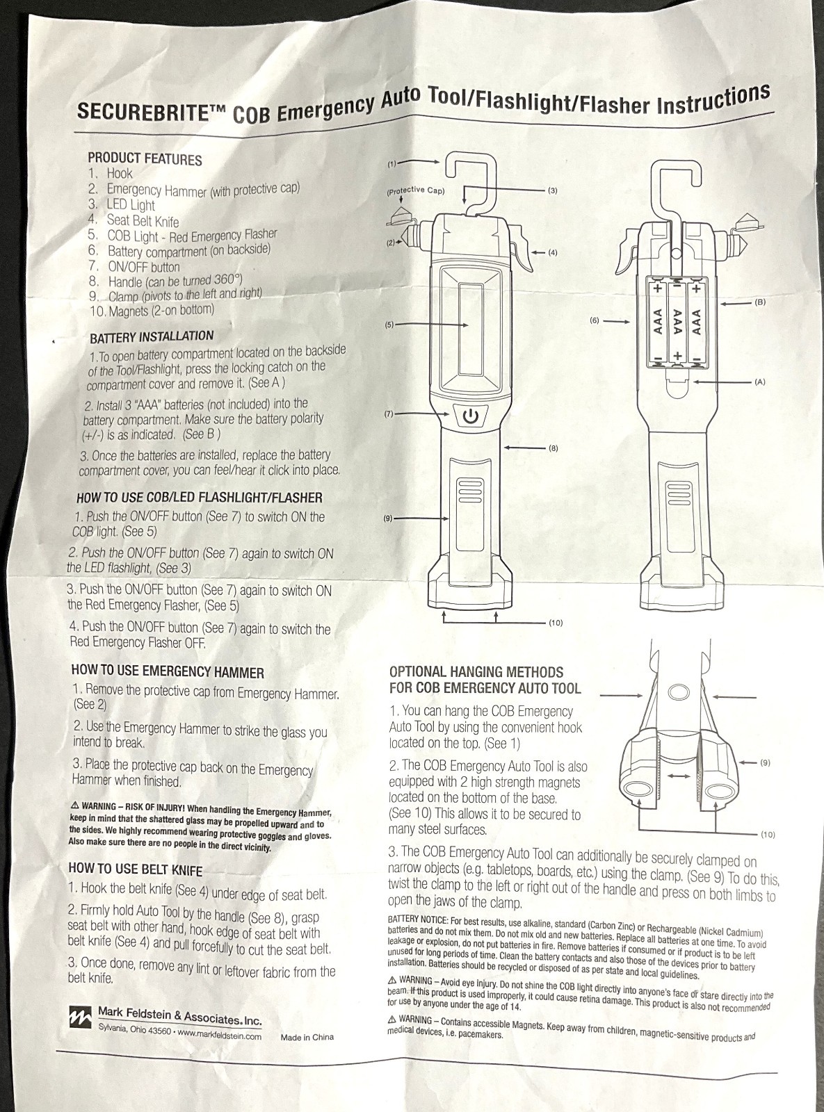 Securebrite COB Emergency Auto Tool/Flashlight/Flasher – NEW – Lot of 4 – Notes