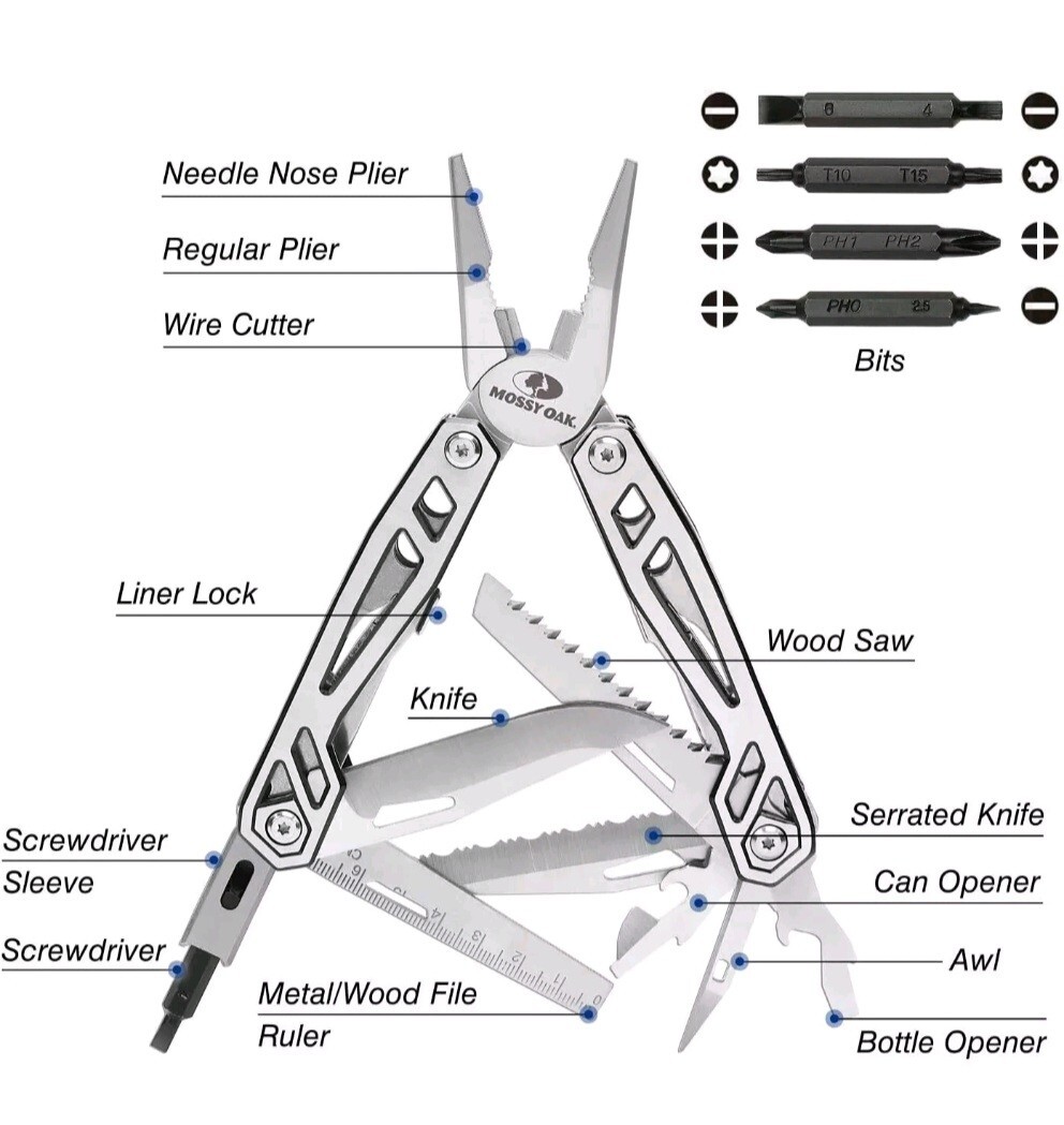 MOSSY OAK Multitool, 21-in-1 Black/Stainless Steel Multi Tool Pocket Knife