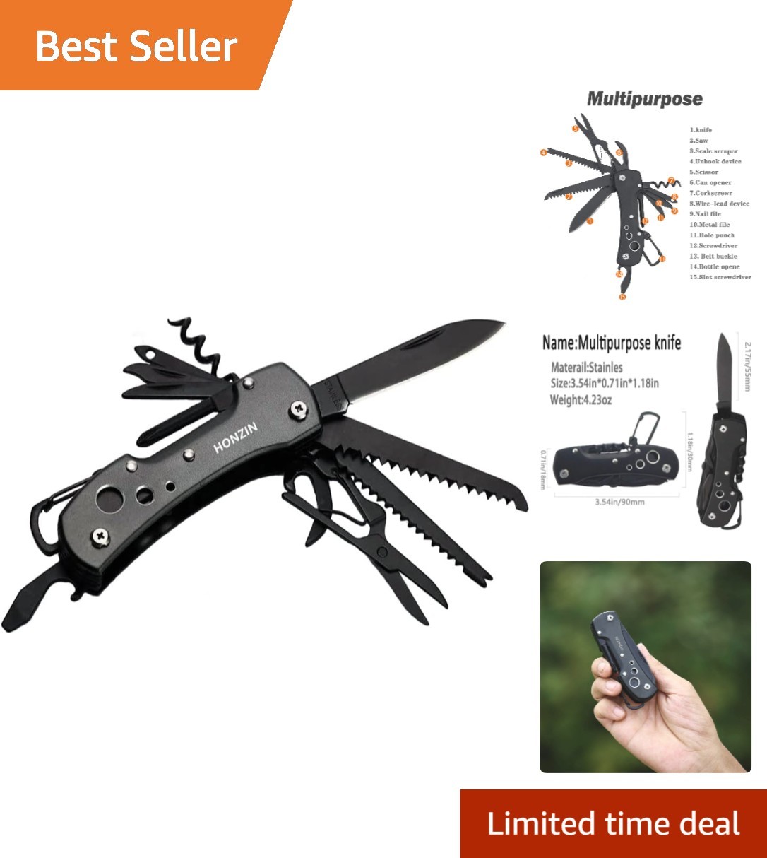 Compact Swiss Multitool Knife with 15 Functions – Perfect for Camping & Travel