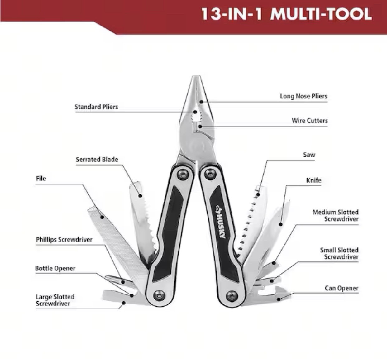 Husky 91957, 13-in-1 Multi-Tool Stainless Steel – Guaranteed Lifetime