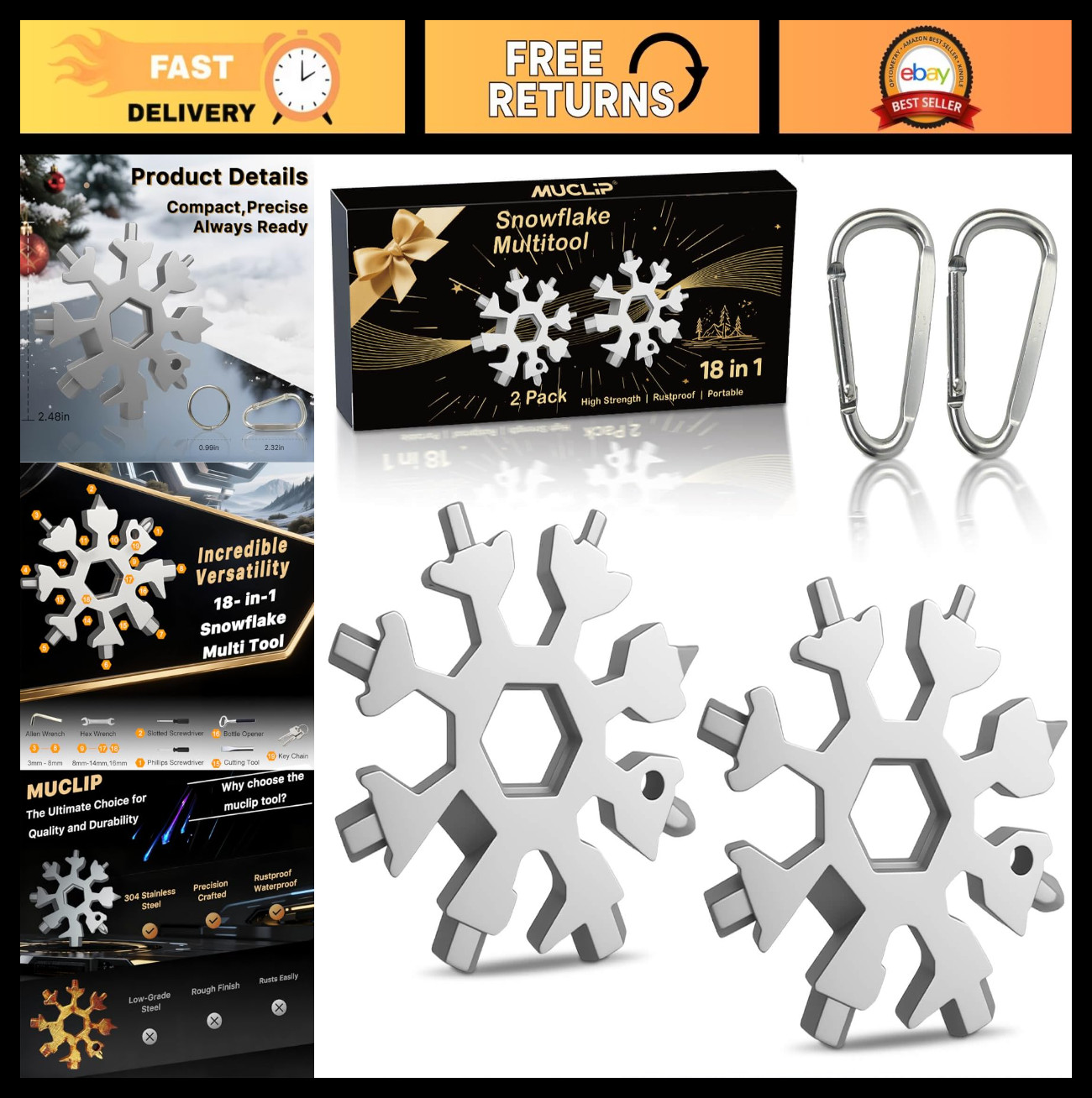 18-in-1 Snowflake Multi Tool 2 Pack – Perfect Stocking Stuffers, White Elephant