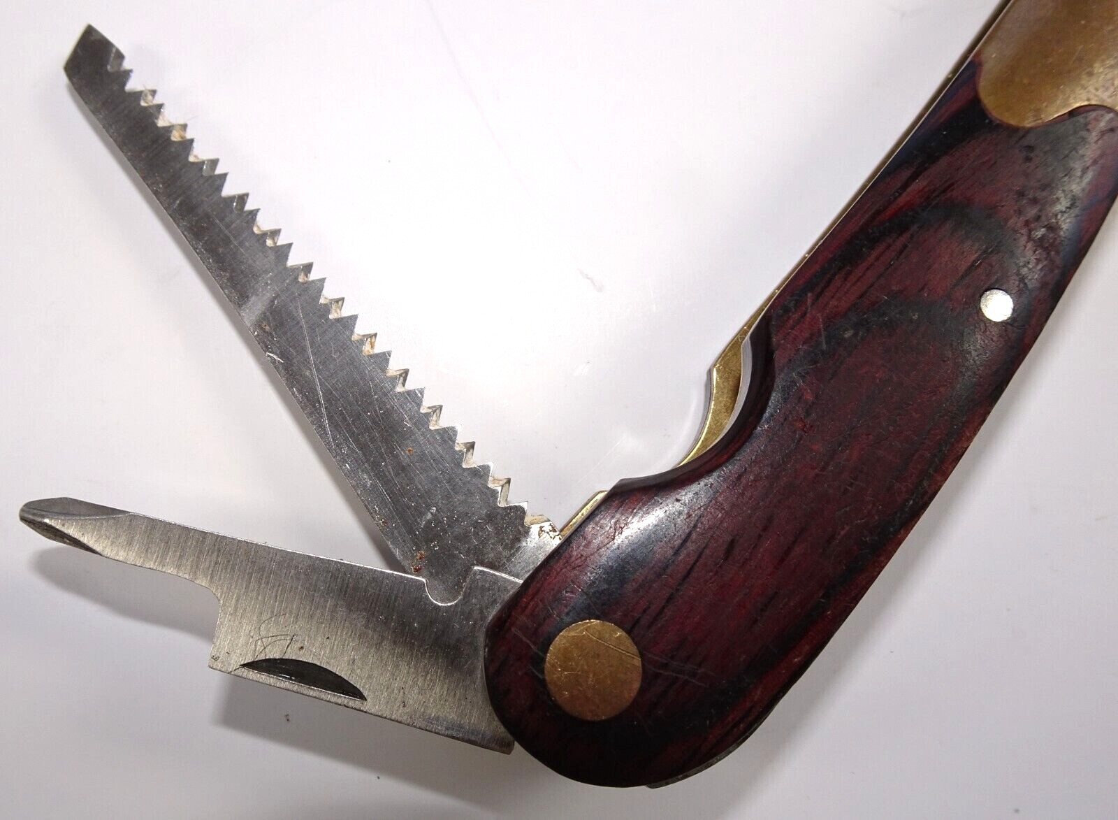 Husky Multi-Tool Knife Pliers Screw Drivers Ruler Saw Wood and Brass Handle
