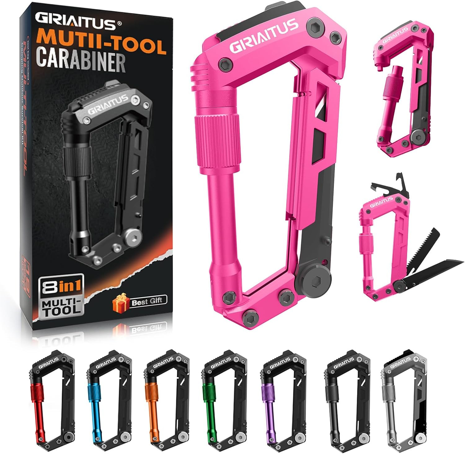 Multitool Carabiner with Pocket Knives, EDC Carabiners, Folding Serrated Knife,