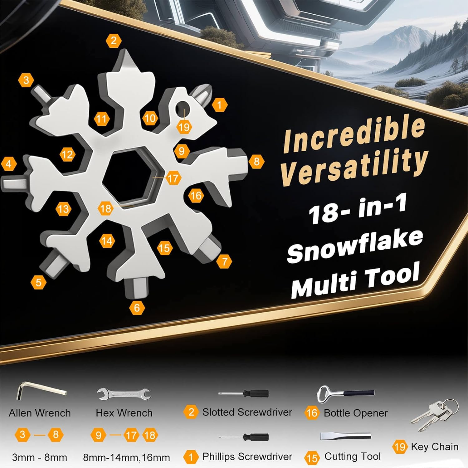 18-In-1 Snowflake Multi Tool with Keyring and Carabiner, Stainless Steel Pocket