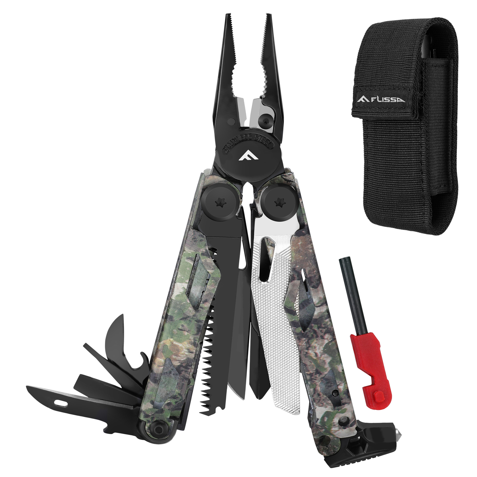 FLISSA 18 in 1 Camo Multitool Pliers Stainless Steel EDC Gear with Sheath