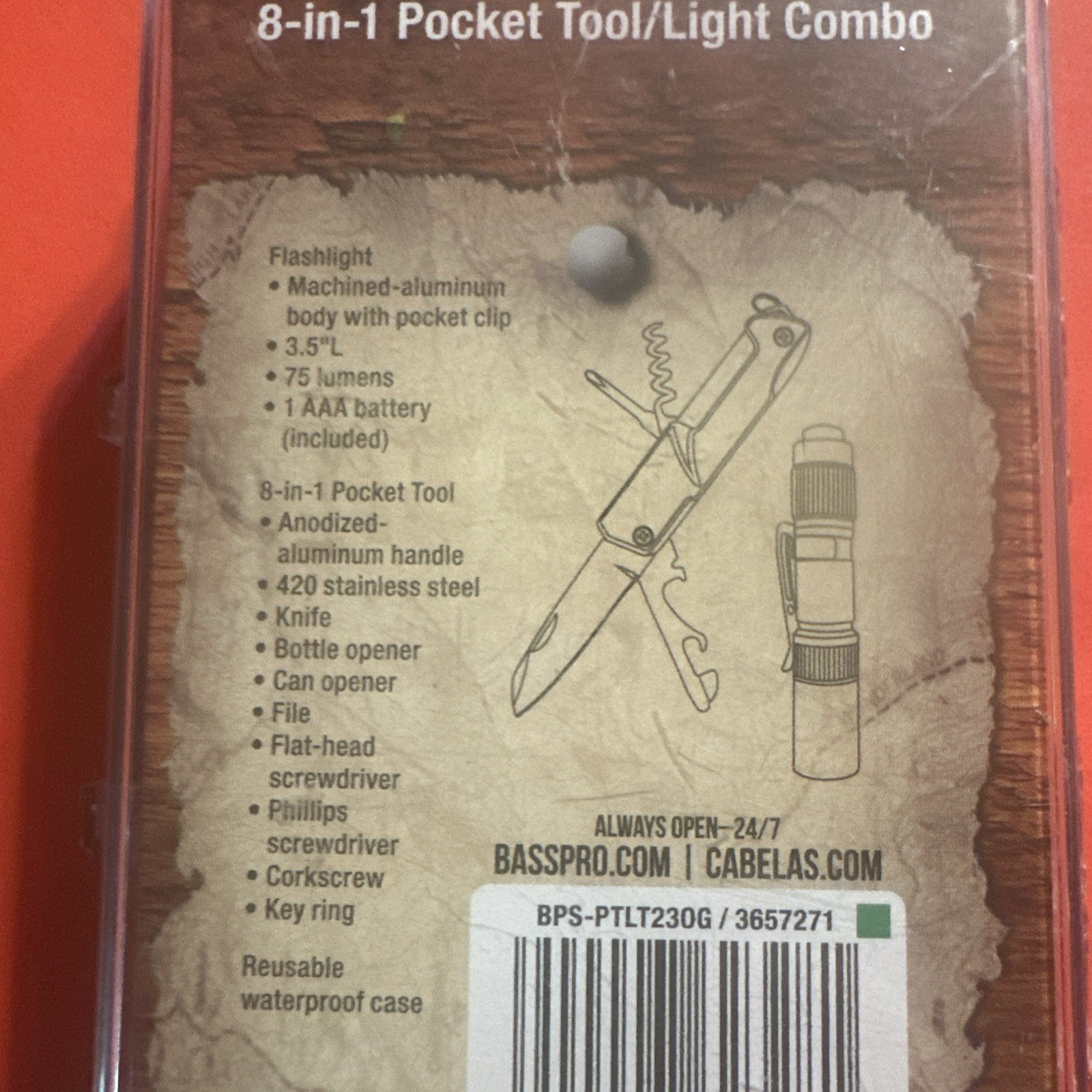 Bass Pro Shops Outdoor Essentials 8-in-1 Pocket Tool and Light Combo,