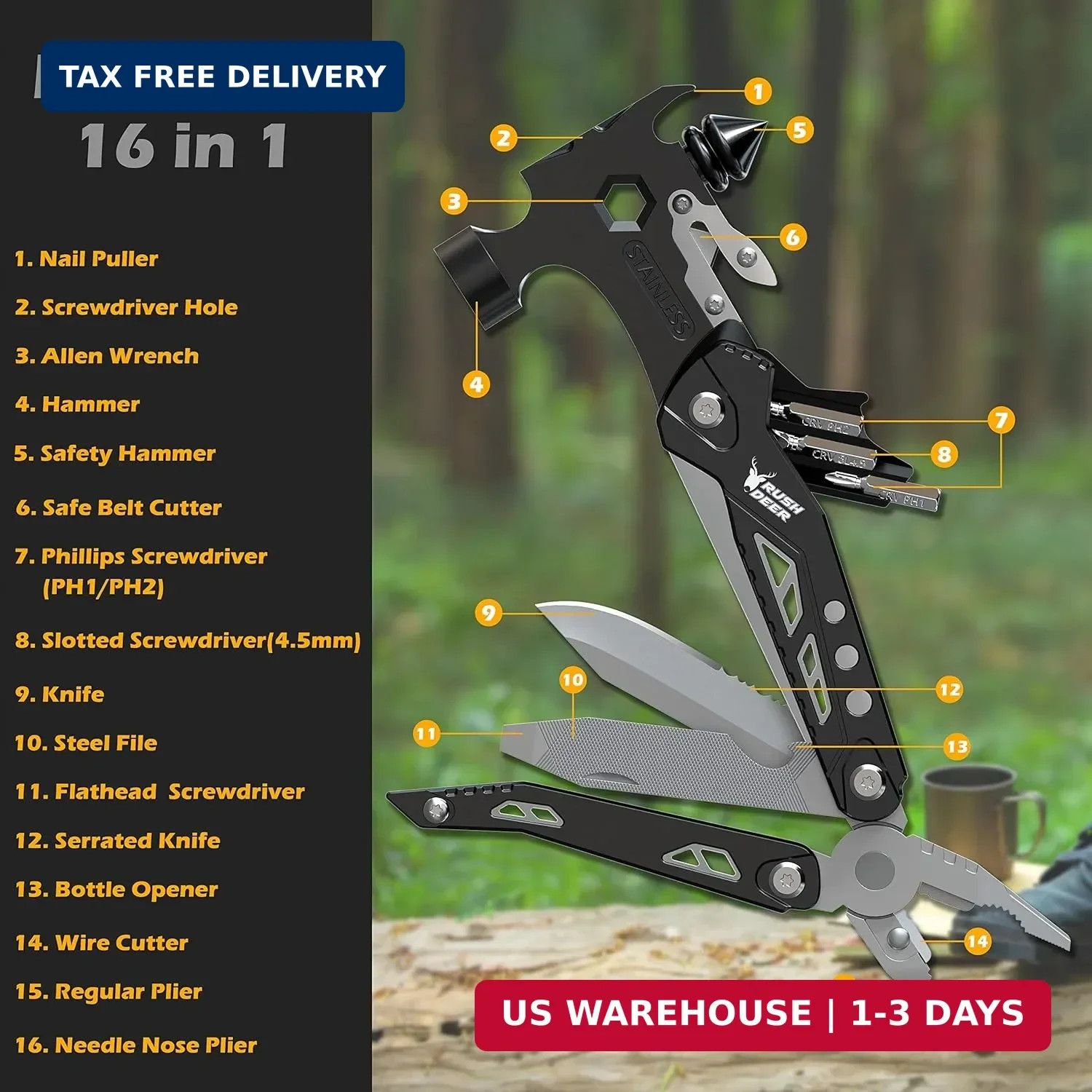 Rush Deer Camping Essentials Multitool,16 in 1 Multi Tool Survival Gear with Ham