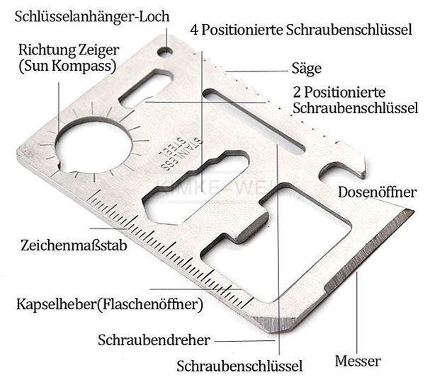 11in1 Edelstahl Kreditkarte Messer Multitool Outdoor Überleben Camping Werkzeug