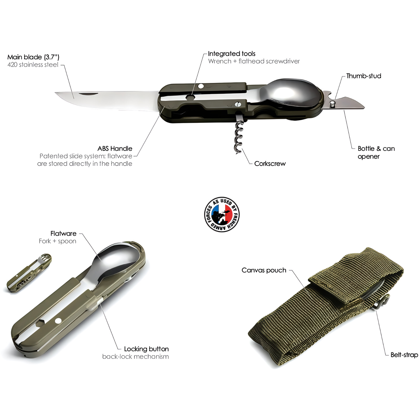TB Outdoor French Army Camp Multitool Knife Small Blade Black ABS Handle TBO092