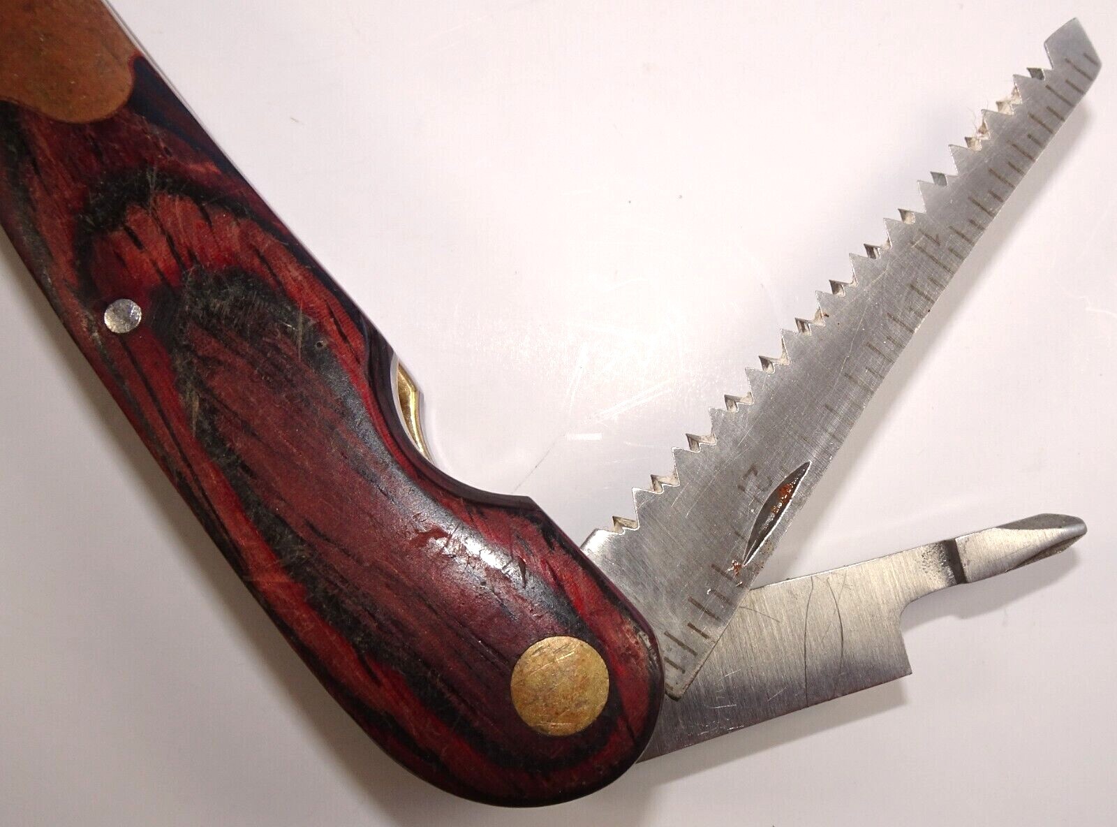 Husky Multi-Tool Knife Pliers Screw Drivers Ruler Saw Wood and Brass Handle