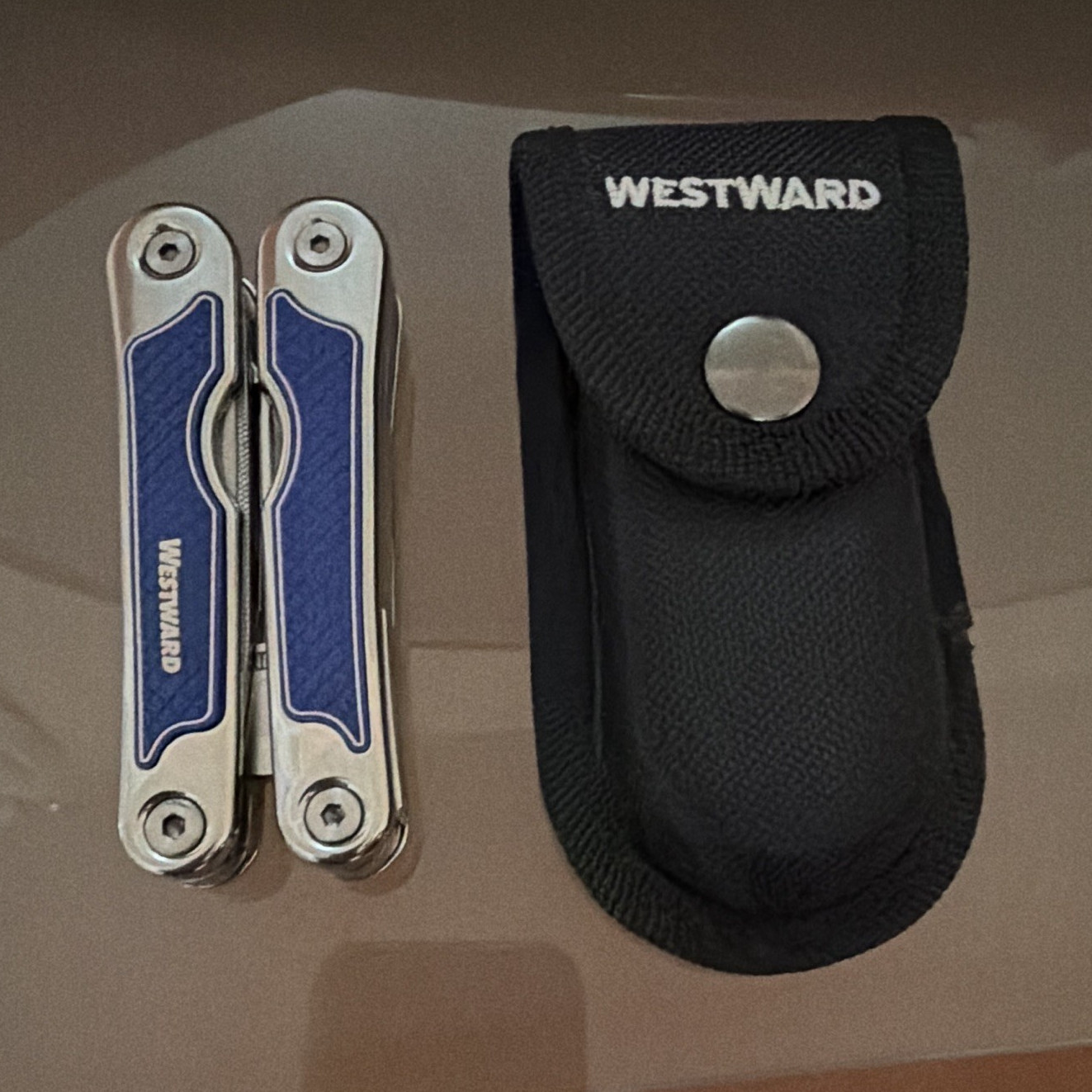 Westward Stainless Steel Folding Multi-Tool Pliers, Part Serrated, Sheath