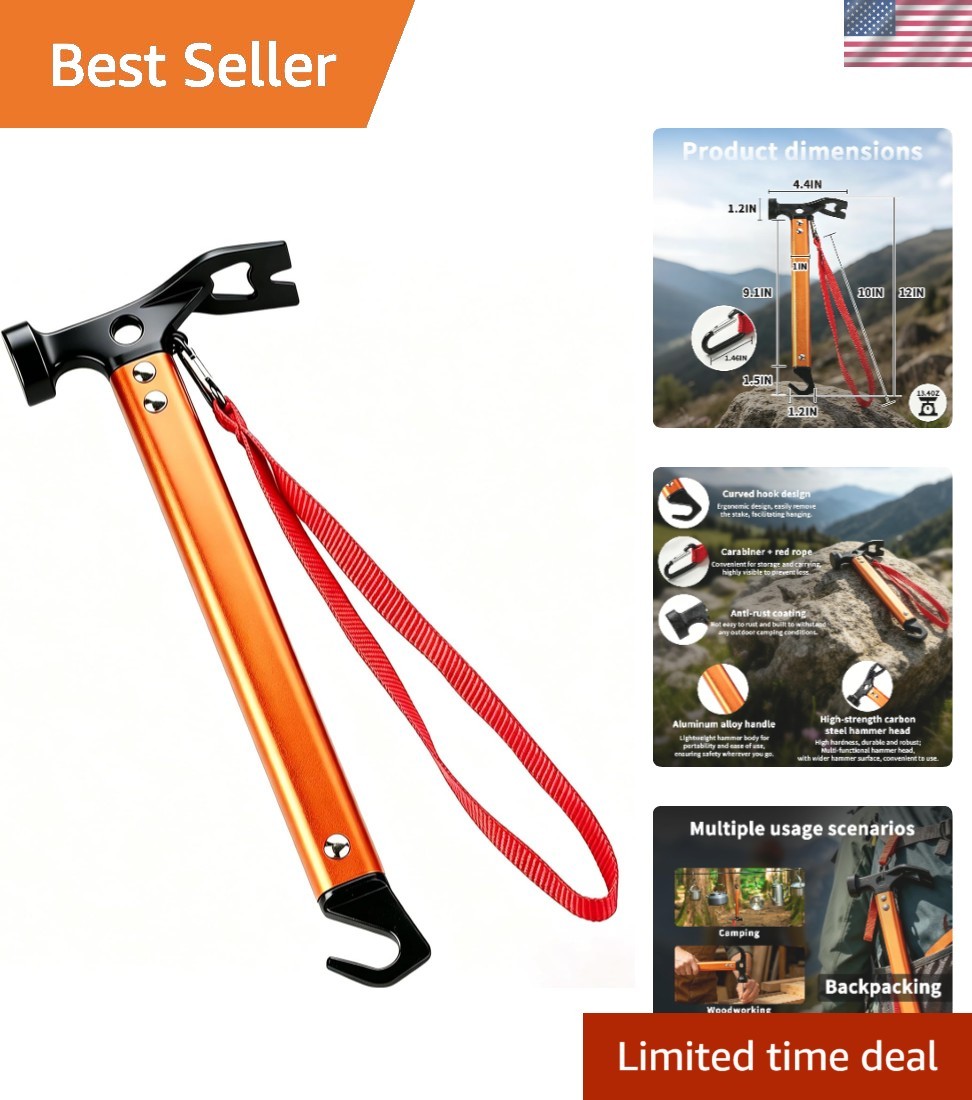 Lightweight 3-in-1 Camping Hammer – 12″ Carbon Steel Tool in Vibrant Orange