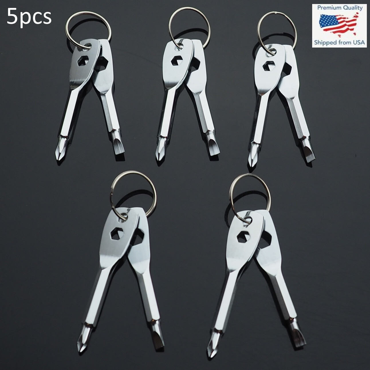 5pcs – Screwdriver Keychain Set EDC Pocket Tool Hex Nut Wrench Key Ring – Silver