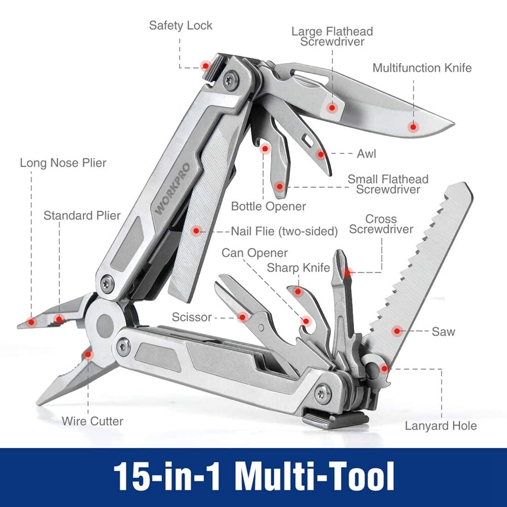 21-in-1/15-in-1/16-in-1 Multi-tool Pocket Knife Plier Set Safety Locking &Sheath