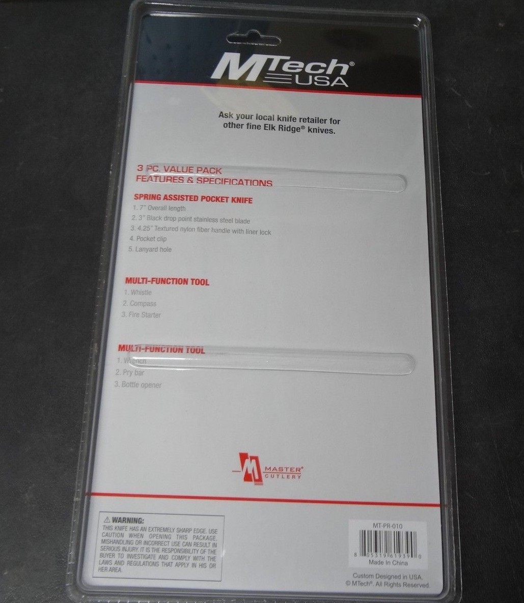 MTECH Multi Tool Kit Fire Starter 3″ Pocket Knife Whistle Survival Stocking