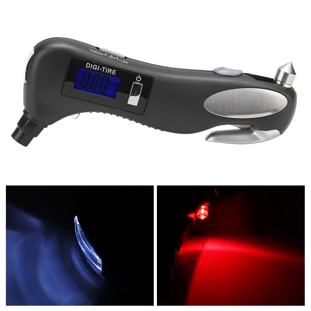Multifunctional Outdoor Emergency Car Flashlight Tire Pressure Gauge Cutter AHPF
