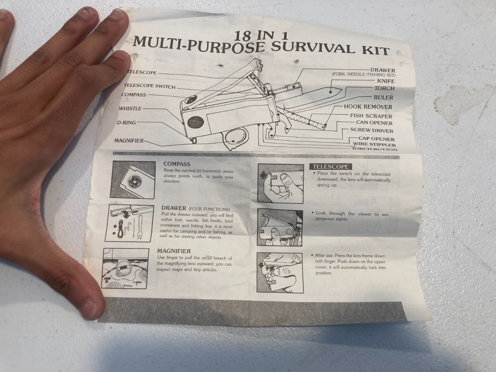 18 IN 1 MULTI PURPOSE SURVIVAL KIT – SHEATH – MANUAL – TAIWAN – COOL