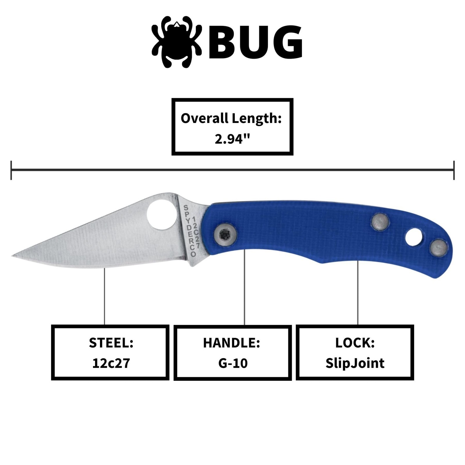 Spyderco Bug 1.2″ 12C27 Blue G10 Small Tiny Folding Pocket Knife C133GBLP