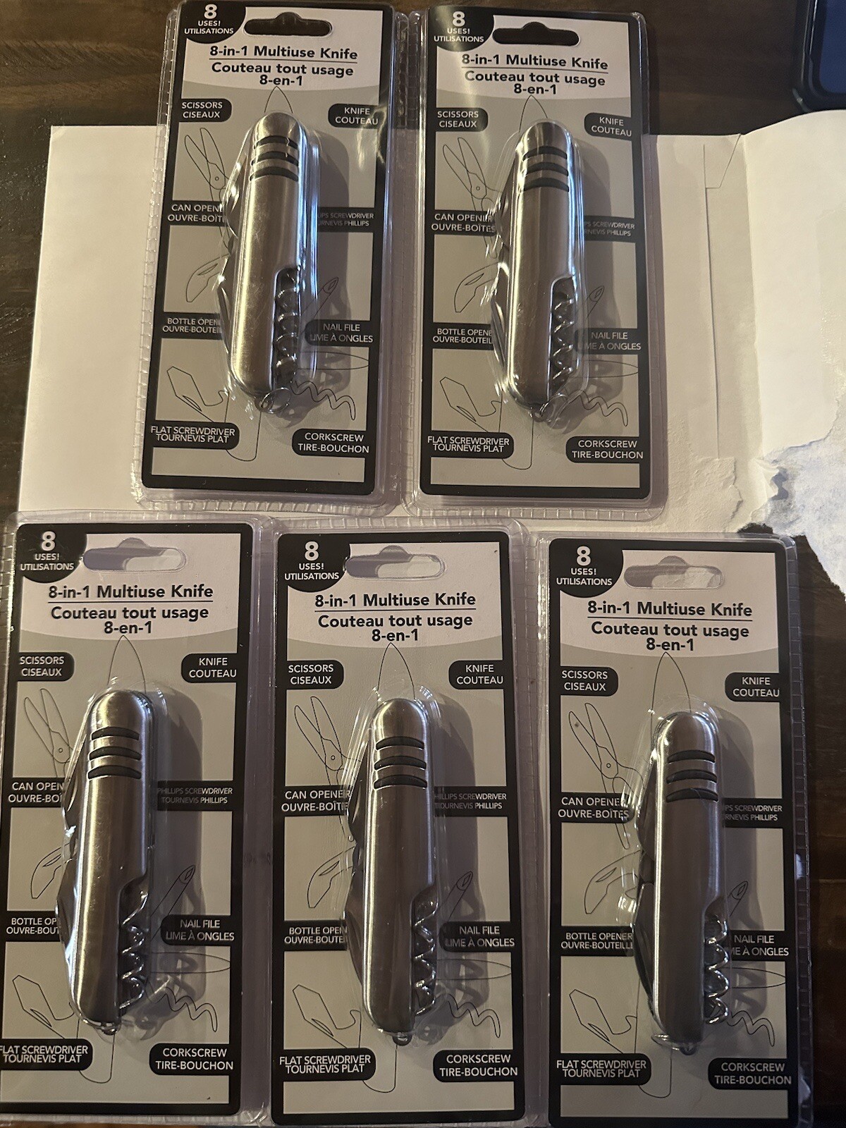 8-IN-1 MULTI USE KNIFE HIKING , CAMPING TOOL BENCH POCKET LOT OF 5 New Sealed