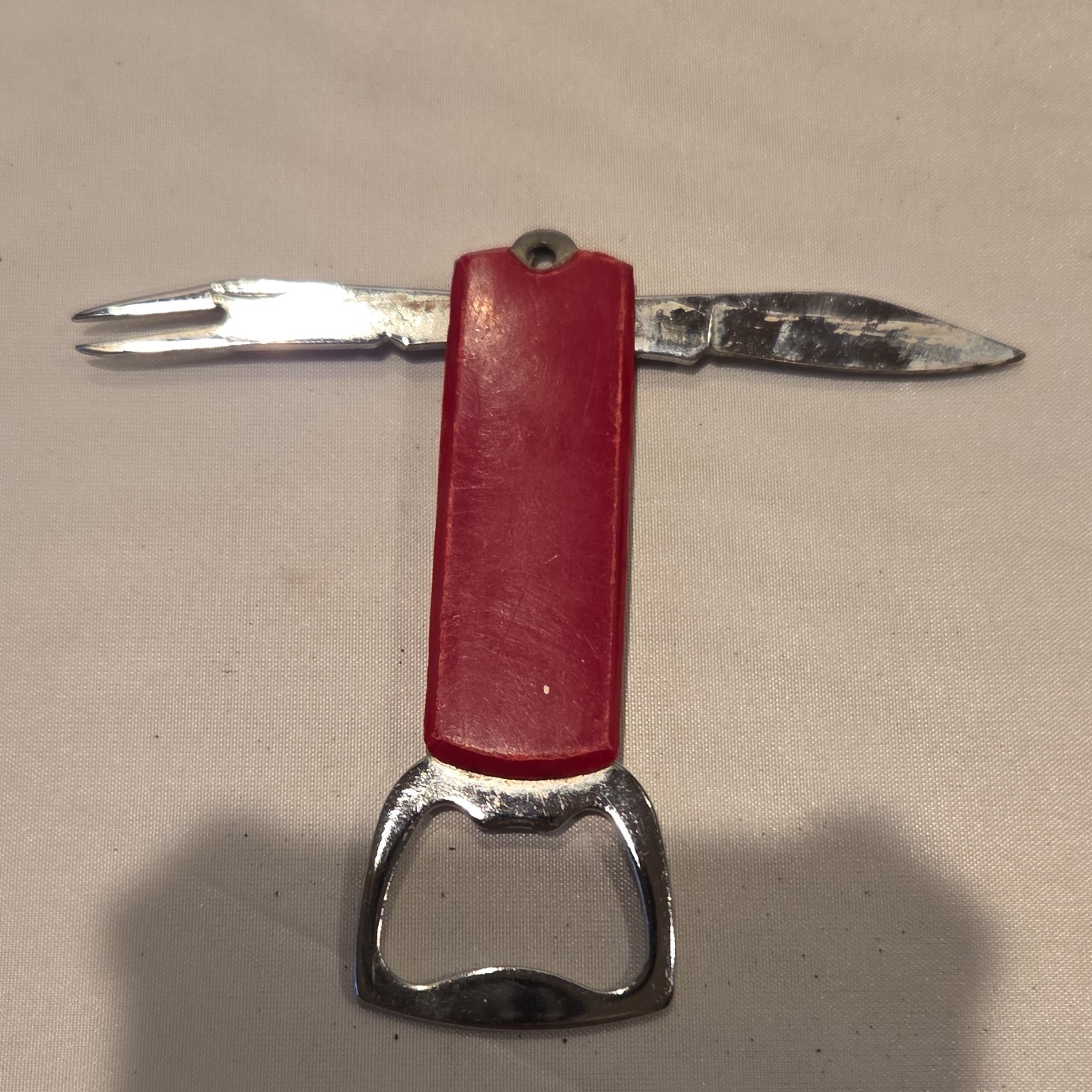 Red Plastic Metal Multi-Tool Knife Fork Bottle Opener Straight Edge