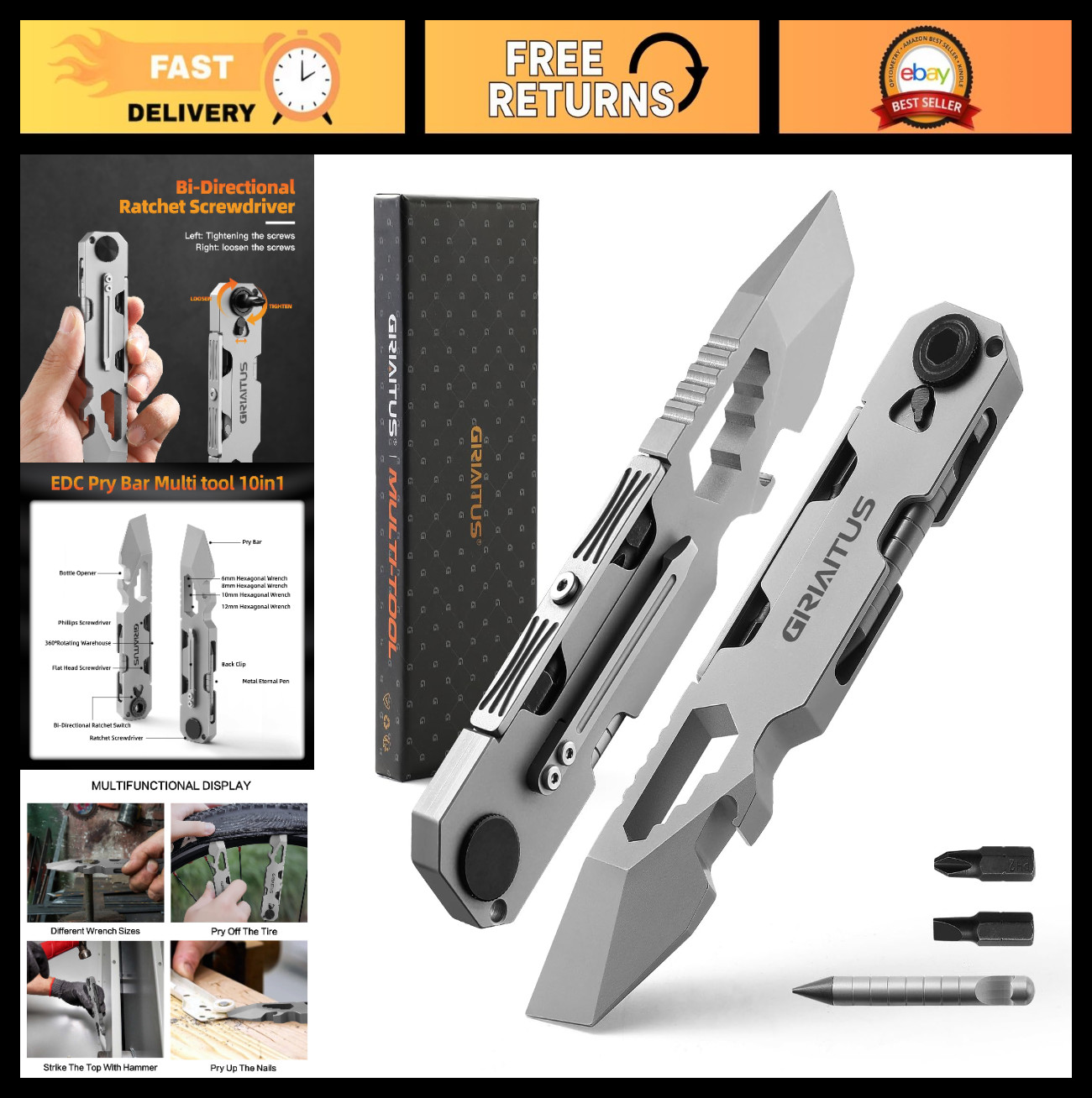 Versatile EDC Pry Bar Multitool with Ratchet Screwdriver, Wrenches, Openers & Pe