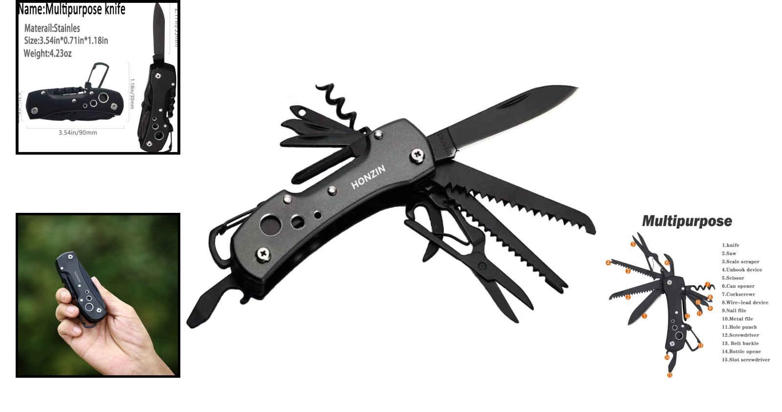 Compact Swiss Multitool Knife with 15 Functions – Perfect for Camping & Travel
