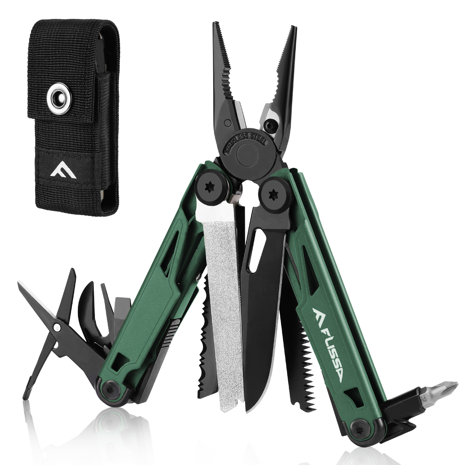 FLISSA Multitool, 15-in-1 with Sheath, Stainless Steel EDC Multitool Pliers