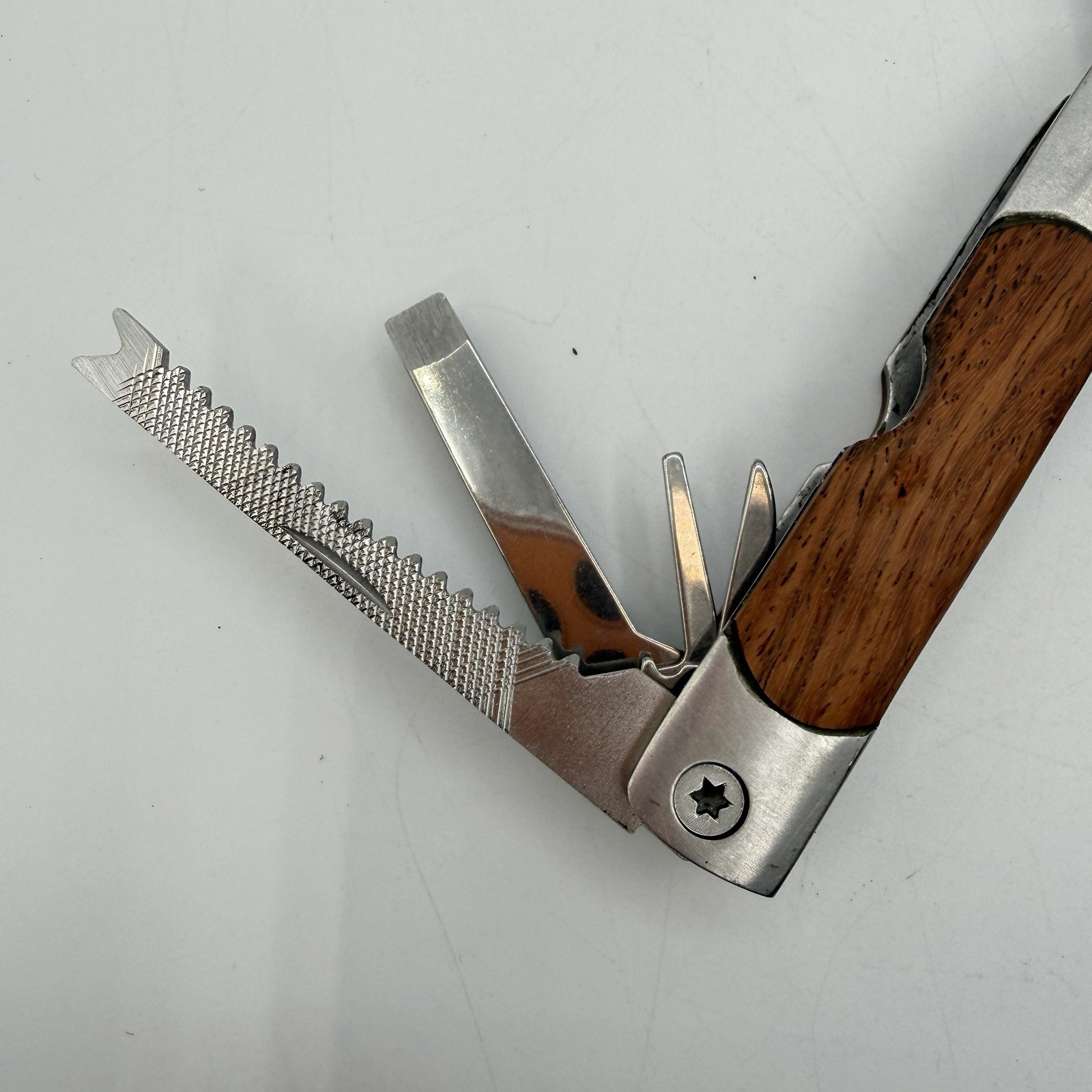 Sheffield 9 Multi-Tool Wood Handle Stainless-Steel Blade Pliers Saw Knife Opener