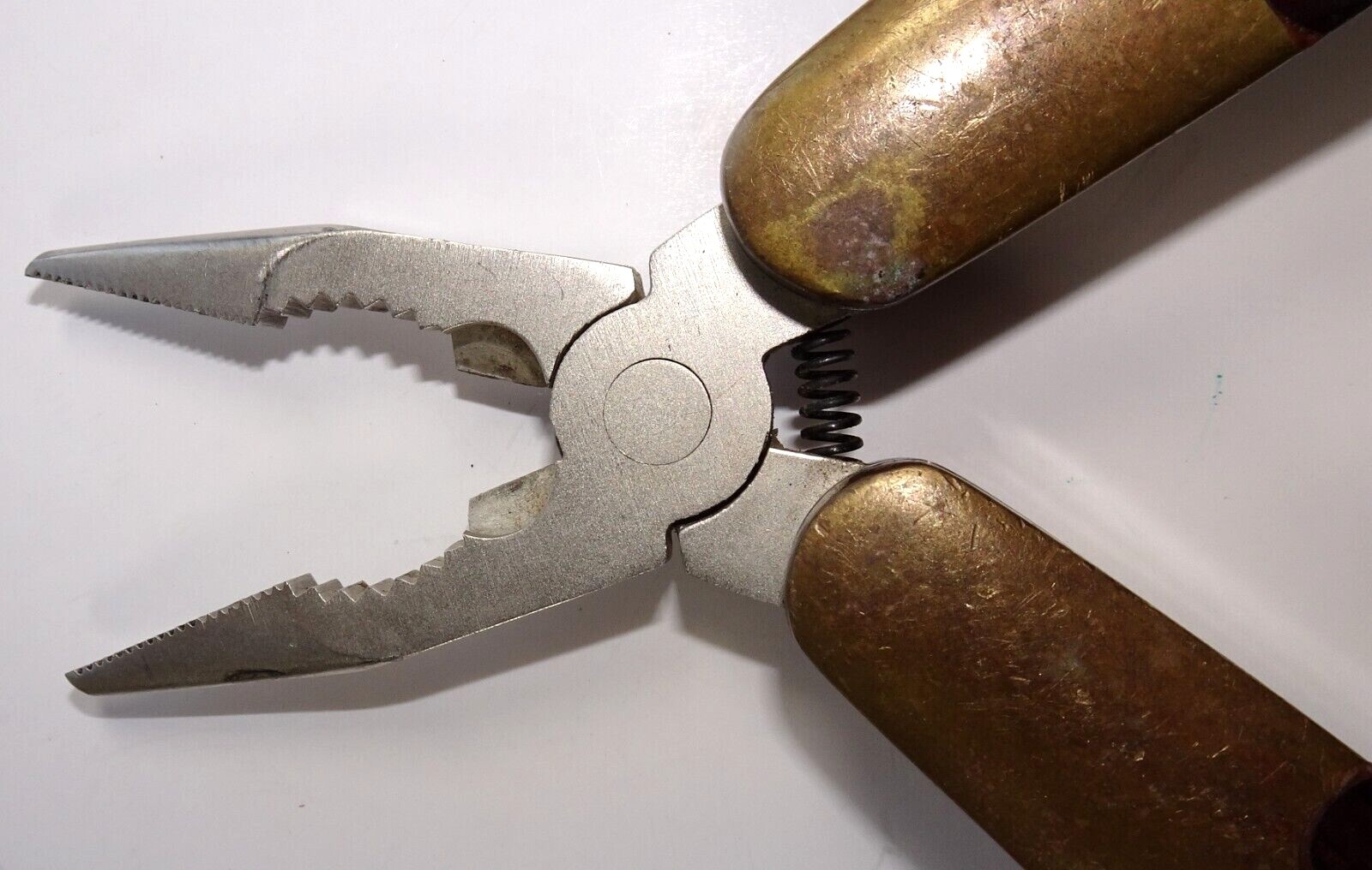 Husky Multi-Tool Knife Pliers Screw Drivers Ruler Saw Wood and Brass Handle