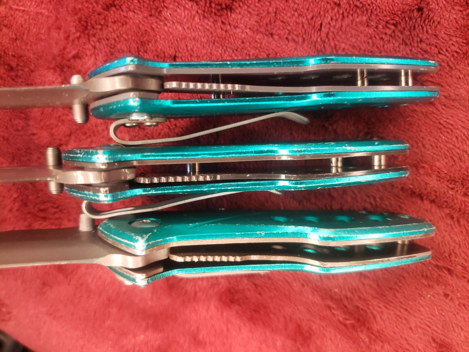 Lot 3 Cabela’s Plain Edge Liner Lock Aluminum Scale Folding Cyan Turquoise color
