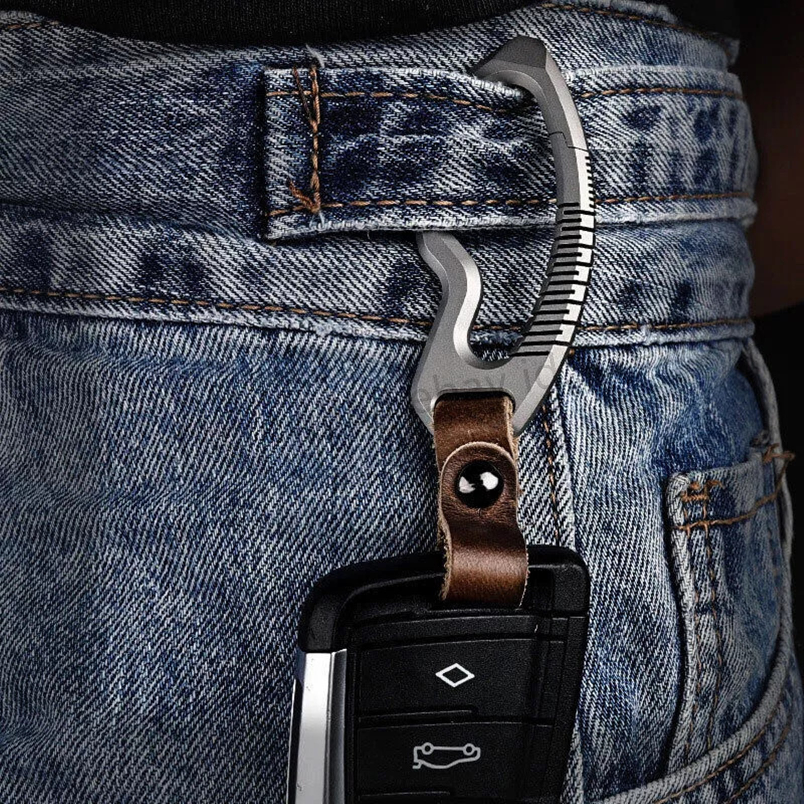 Titanium Alloy + Leather Keychain Carabiner Removable Pendant Crowbar EDC Tool