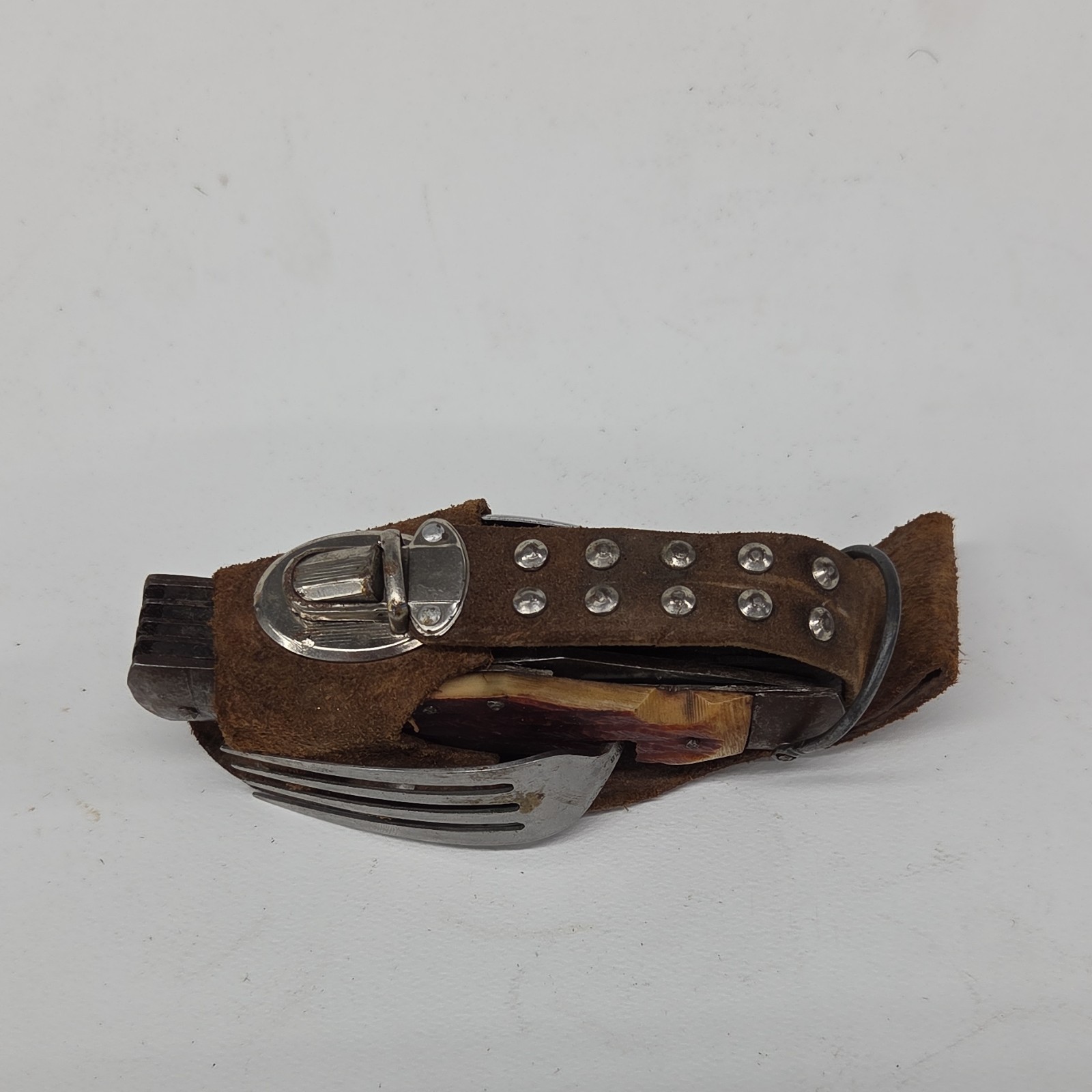 Vintage Camping Multi-Tool Knife Fork Spoon Scissors Corkscrew Leather Sheath