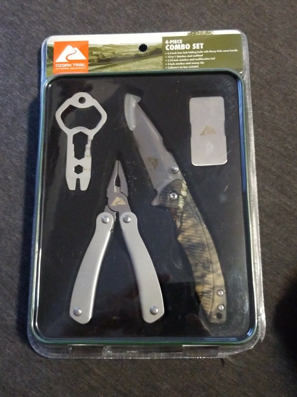 NEW Ozark Trail 4 Piece Combo Camo Survival Camp Set Opener Multitool & Knife