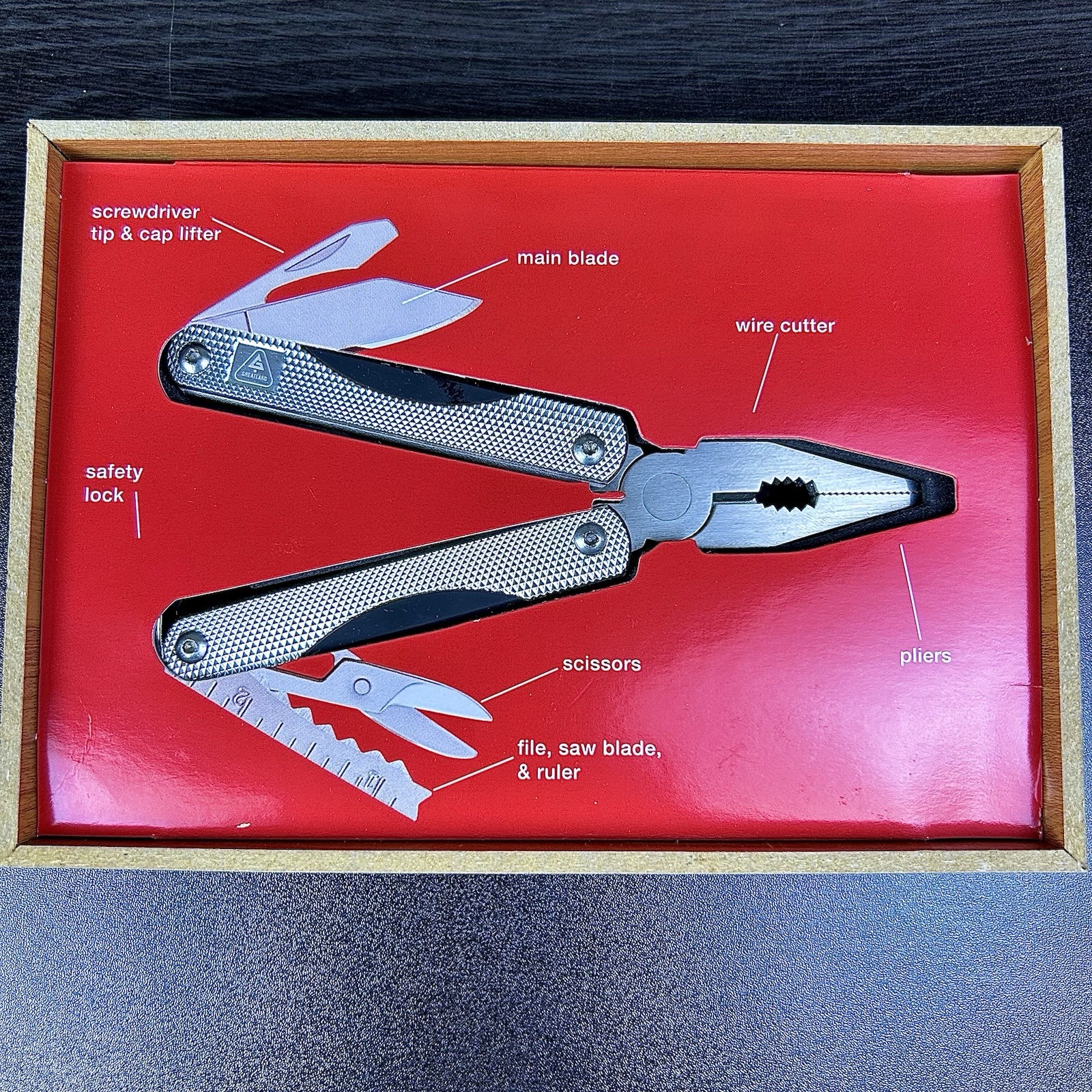 Multi Tool Stainless Steel Pliers Knife Set New in Faux Wood Box Greatland