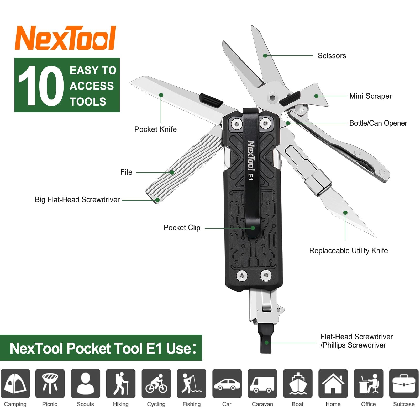 Pocket Tool E1, Pocket Knife Multi-Tool with Replaceable Folding Utility Knif…