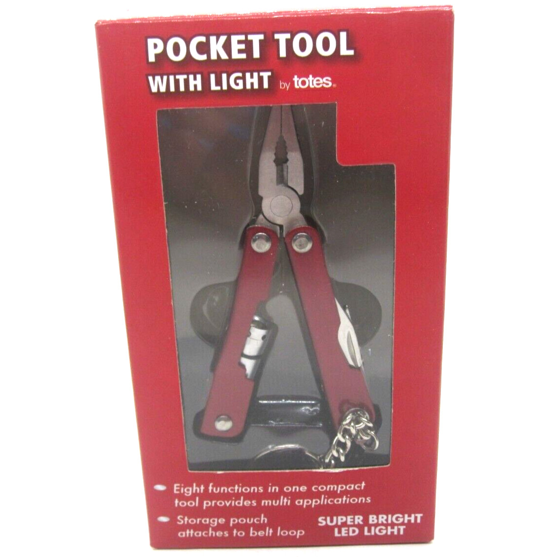 Totes Pocket Tool with Light Red Handle Pliers Wire Cutters Saw Screwdriver More