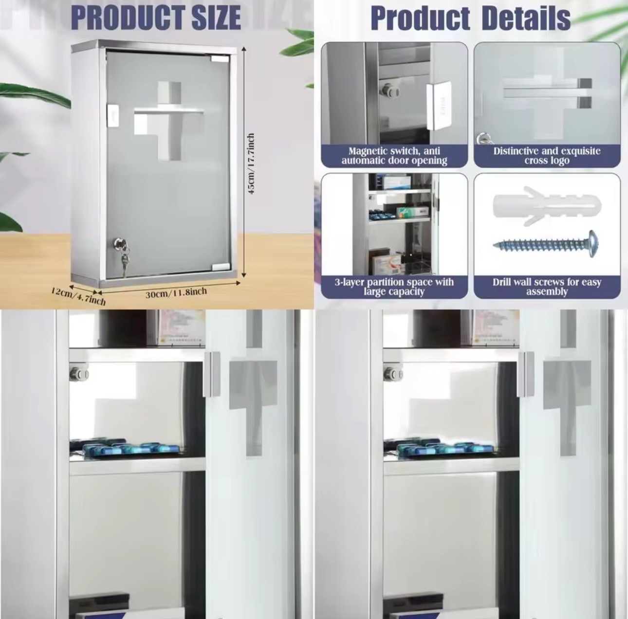 Lockable Wall Medicine Cabinet with Glass Door and Shelves for Bathroom Storage