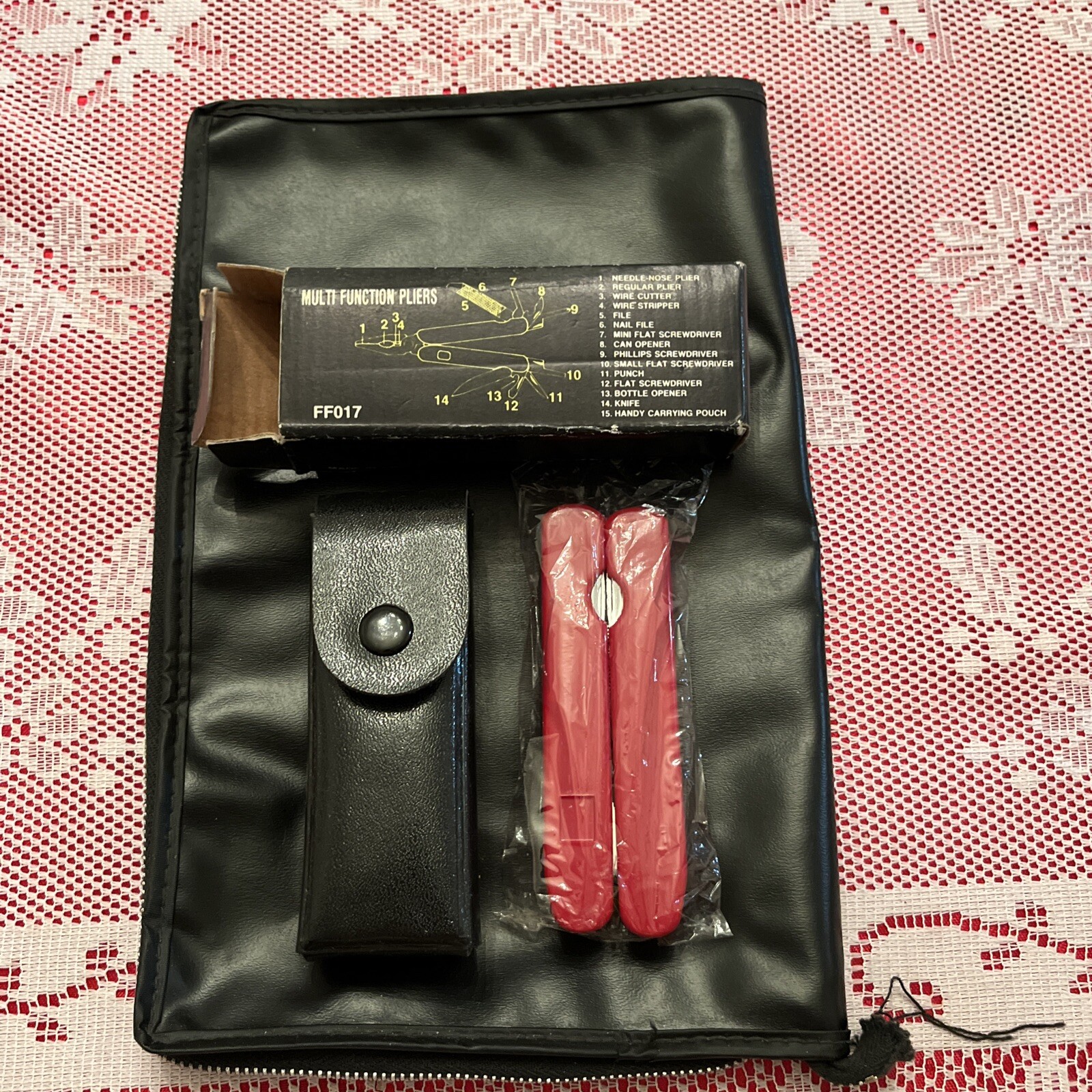 Multi Tool 8 Blade Pocket Knife Red Handle Black Sheath NIB