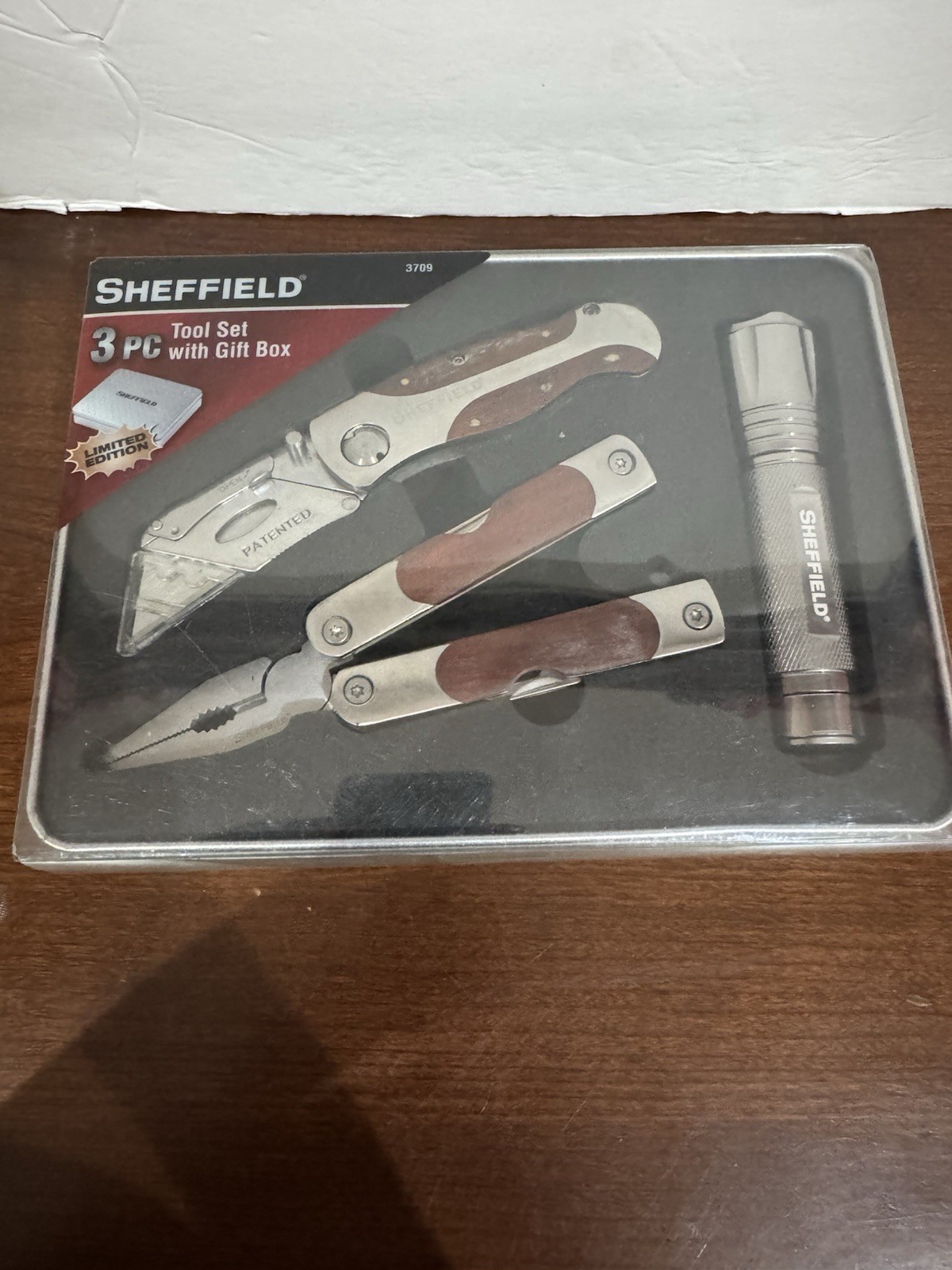 NEW Sheffield 3 Pc Tool Set With Tin Box Multi Tool Utility Knife Flashlight