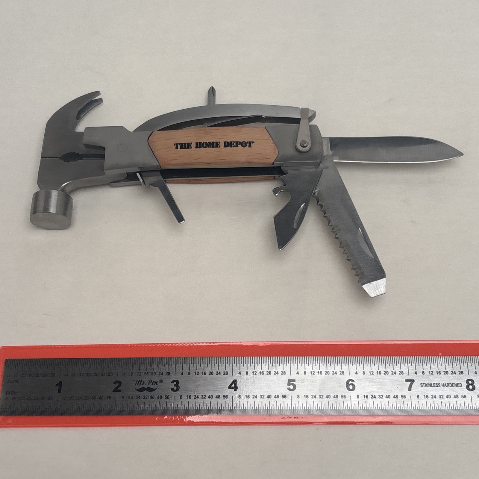 The Home Depot Wood Branded Mulitool Hammer Pliers Knife Saw File DIY Hunt Camp