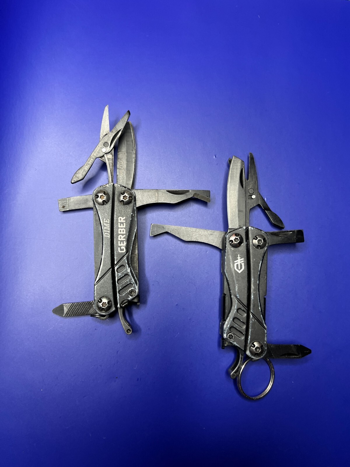 Lot of 2 Gerber Dime Multi-Tools Small Keychain Pliers Knife File Scissors