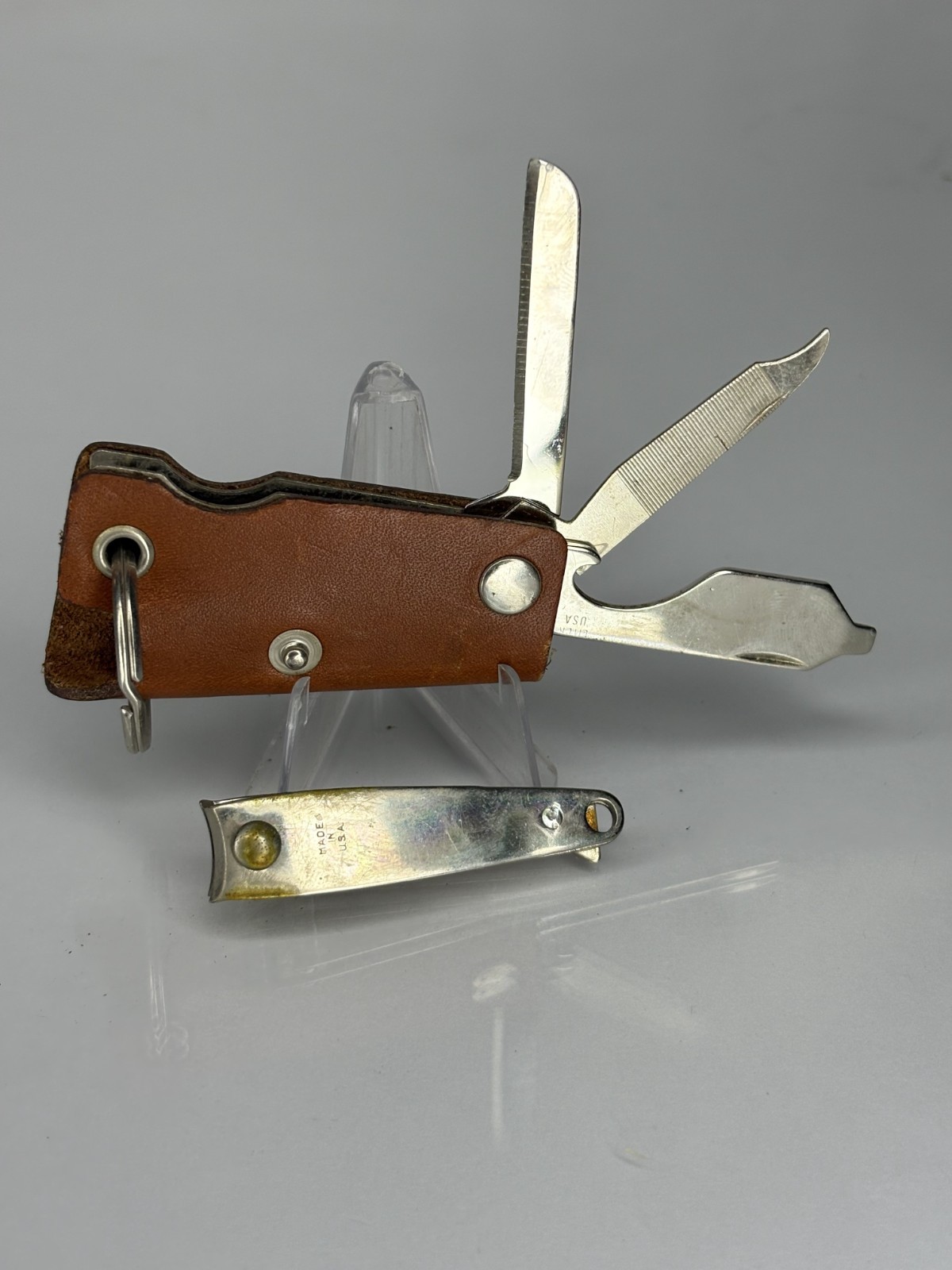 VTG LEATHER WRAPPED POCKET KNIFE MULTI-TOOL BLADES KEYCHAIN – Advertising