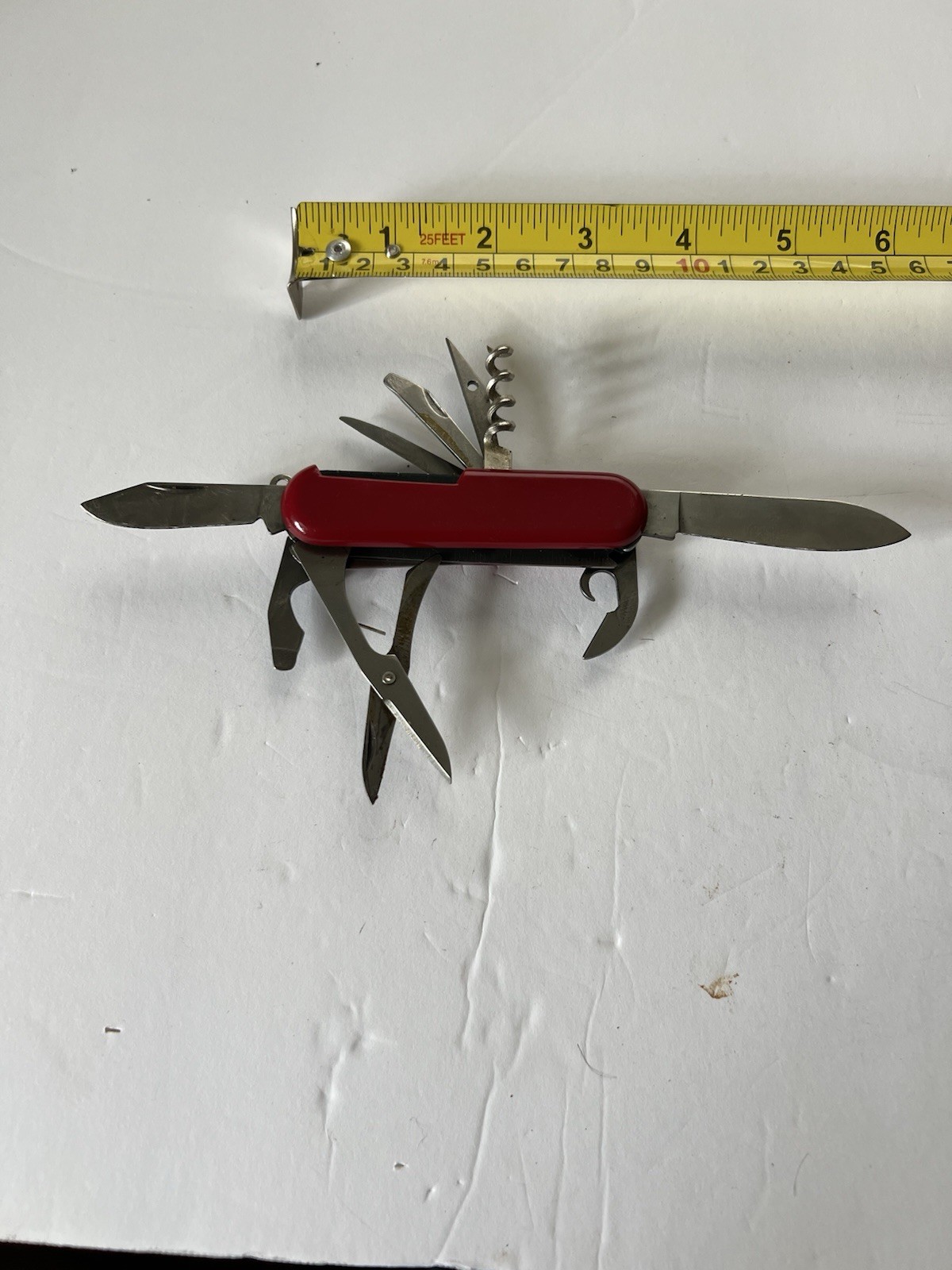 Red Multi-Tool Pocket Knife, Stainless Straight Edge Blade, 8 Tools Scissors
